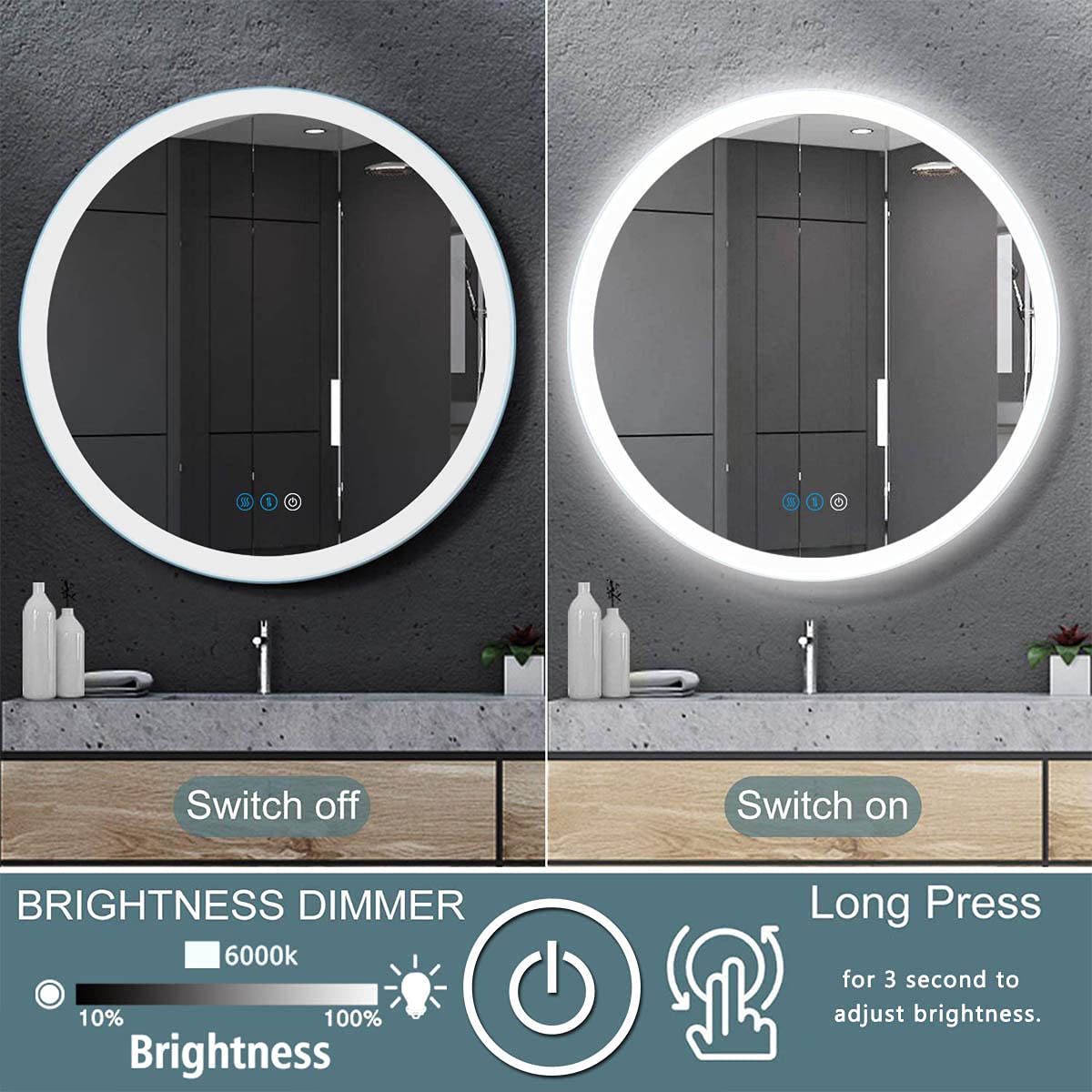 24 Inch Round LED Bathroom Vanity Mirror with Anti-Fog, Dimmable Backlit & 3 Color Modes - Wall Mounted Smart Makeup Mirror for Home, Hotel & Spa Bathrooms