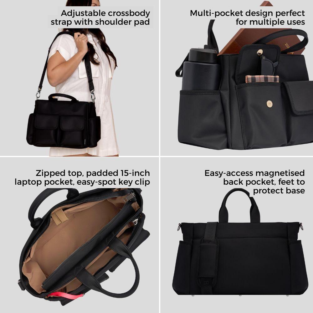 Stylish Black Nylon Multi-Pocket Tote Bag for Women - Spacious Everyday Carryall with Multiple Compartments - Perfect for Work, Travel, Shopping & Gym