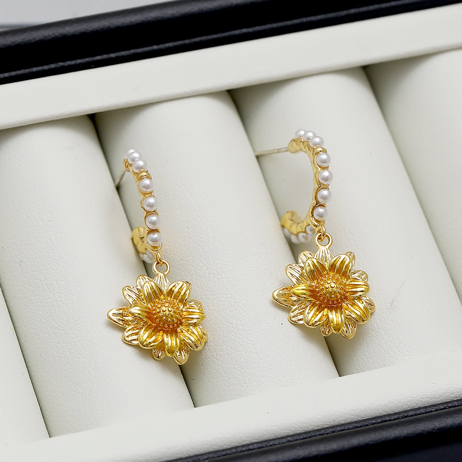 Dainty Sunflower C Hoop Pearl Dangle Earrings for Women | Elegant Floral Jewelry Gift | HE10509 | Perfect for Summer Outfits, Weddings & Boho Fashion