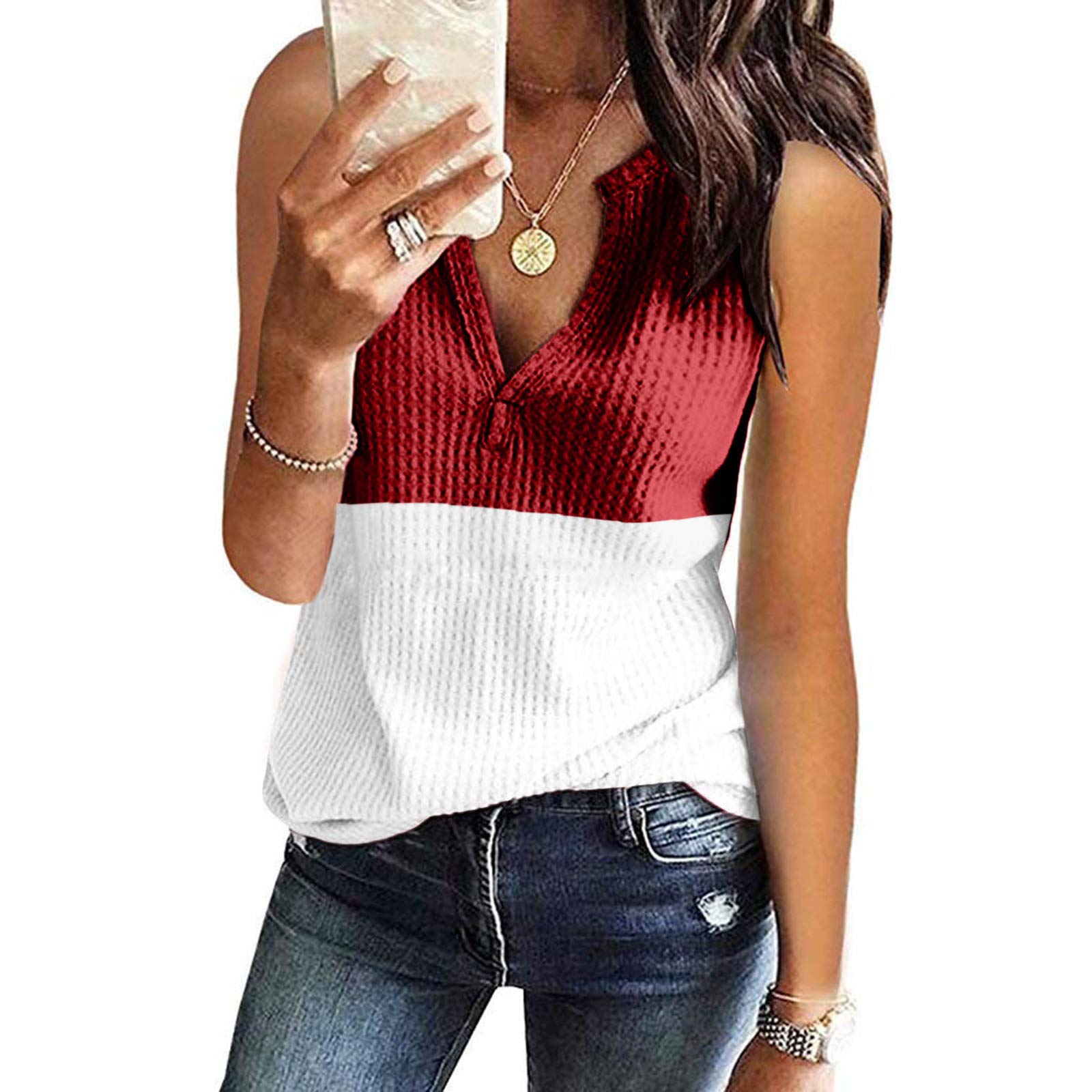 Women's Waffle Knit V-Neck Short Sleeve Blouse - Casual Loose Fit Henley Tunic Top for Everyday Wear & Layering | Perfect for Office, Outings & Summer Outfits
