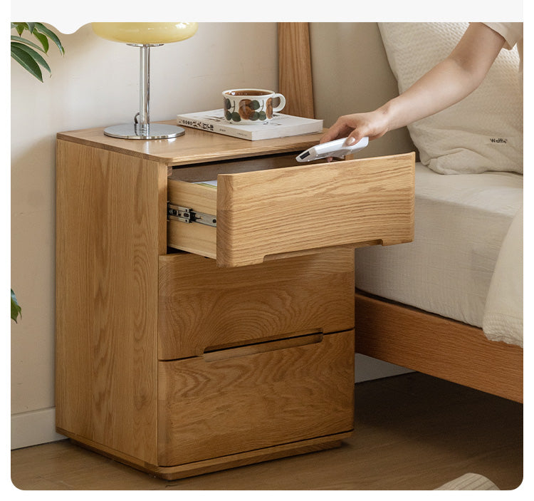 Solid Oak Wood 3-Drawer Nightstand with Lock - Bedside Table for Bedroom, Living Room & Office Storage