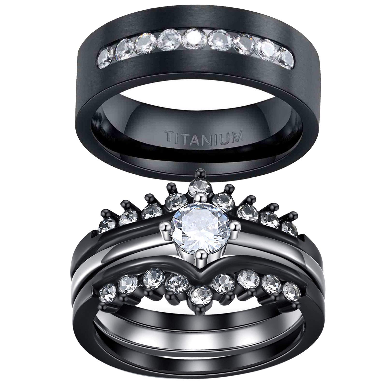 Black Gold Couple Rings Set - 3pc Titanium Wedding Bands for Men & Women - Perfect for Anniversaries & Proposals