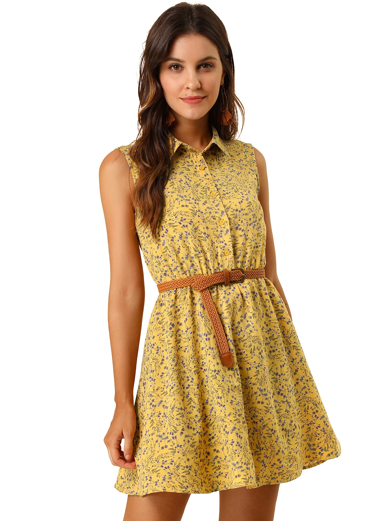 Allegra K Women's Floral Print Sleeveless Belted Midi Dress - Casual Summer Dress with Half Placket for Beach, Party & Outdoor Occasions