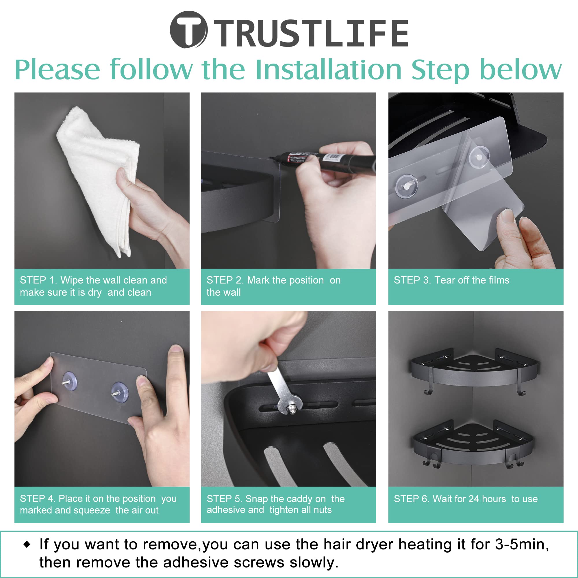 TRUSTLIFE 2-Pack Black Adhesive Shower Caddy Organizer - No Drill Aluminum Wall Mounted Bathroom Corner Shelf with Hooks for Wetroom - Perfect for Small Spaces, Shower Storage & Bathroom Organization