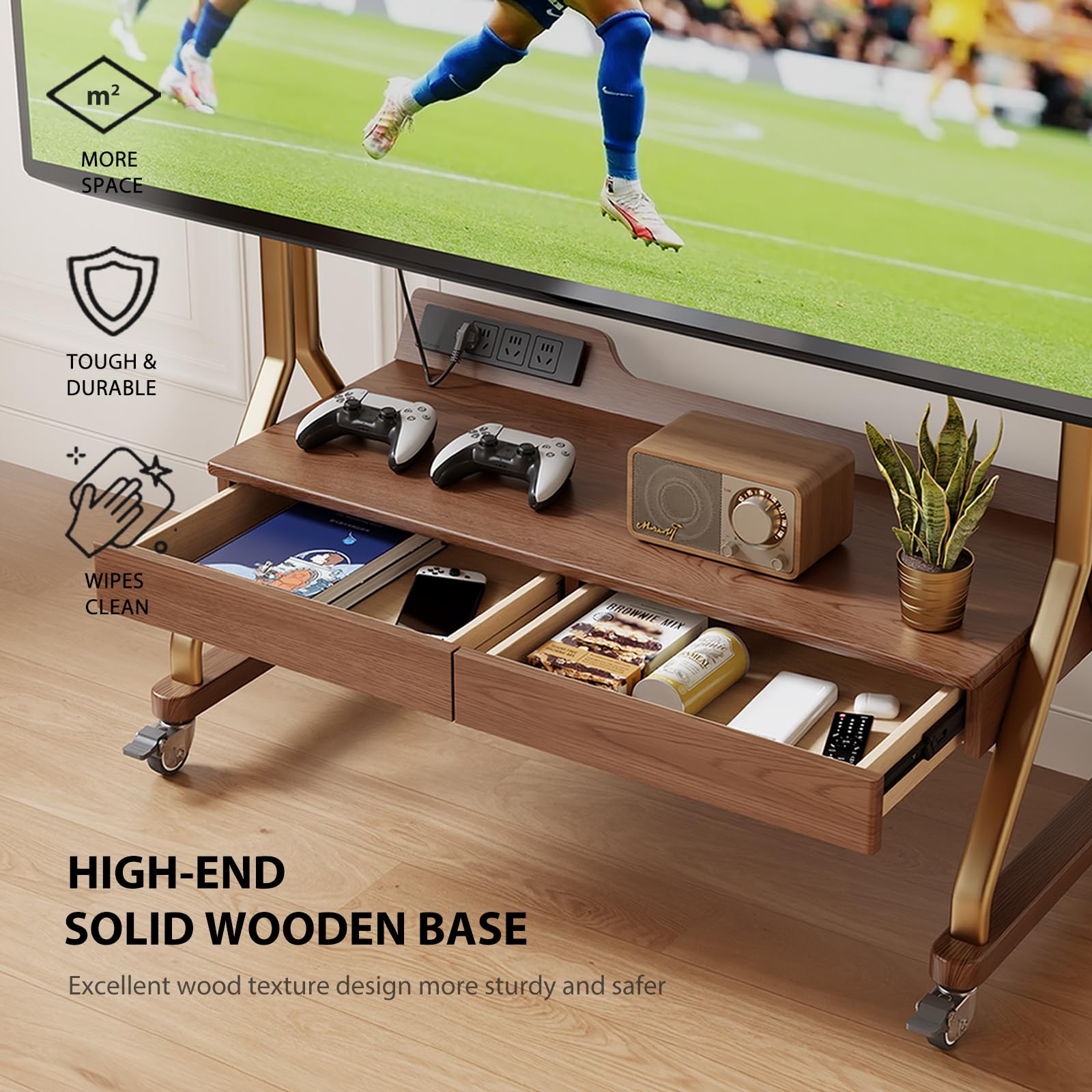 **Solid Wood TV Stand for 40-75 Inch TVs – Heavy Duty 300lbs Capacity, Adjustable Height, Rolling TV Cart with Storage – Modern Entertainment Center for Living Room, Bedroom, Home Theater (Walnut, DSG032)**
