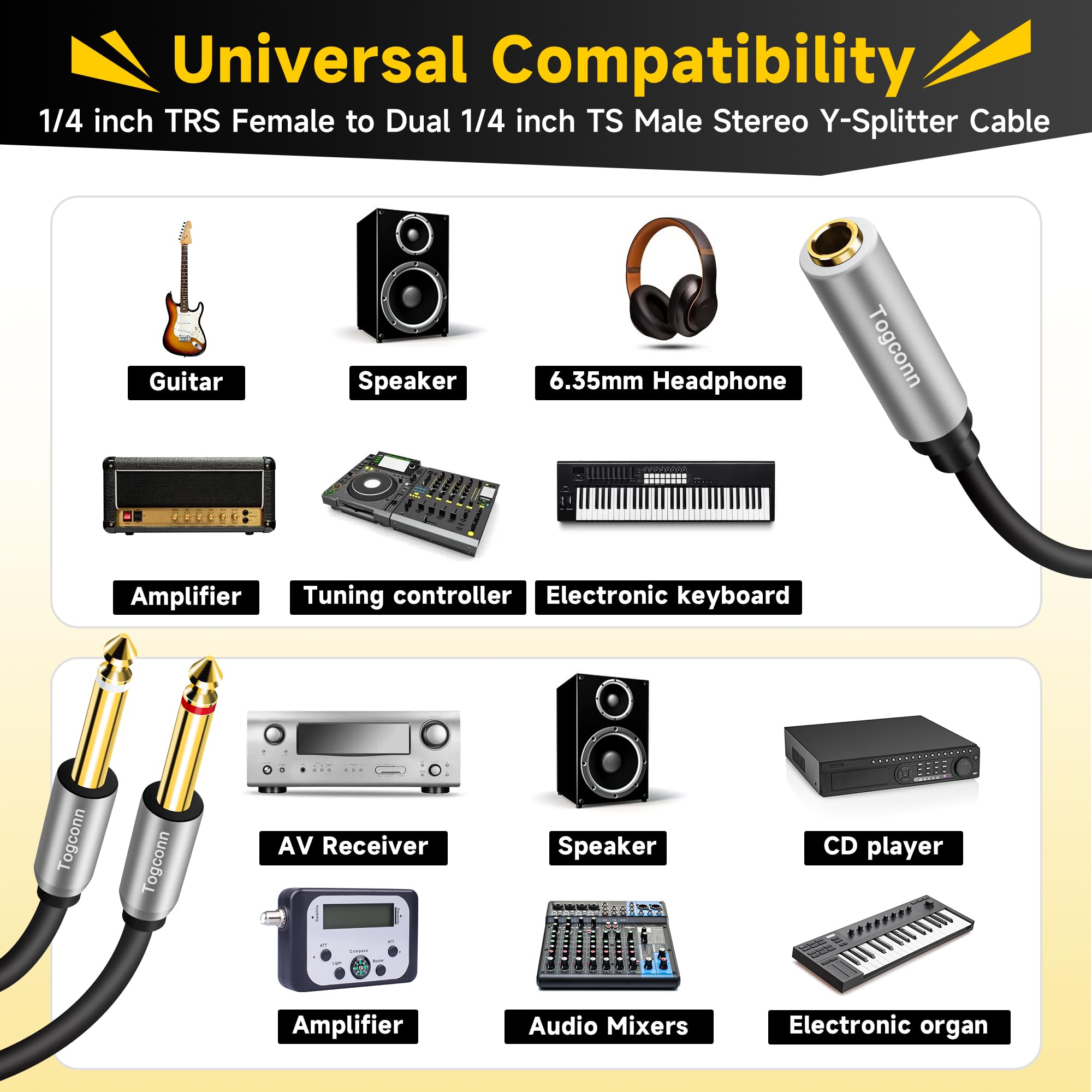 2-Pack 1/4 inch TRS Stereo Splitter Y Cable - 1 Feet 6.35mm TRS Female to Dual TS Mono Male Jack Audio Adapter - Ideal for Studio Monitors, PA Systems & Guitar Amps