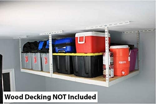 MonsterRax 4x8 Overhead Storage Rack Frame Kit - Heavy Duty Ceiling Mounted Garage Shelving System, Hanging Storage Shelves for Garage Organization (White, 12-21 Inch) - Perfect for Storing Seasonal Items, Sports Equipment & Home Supplies
