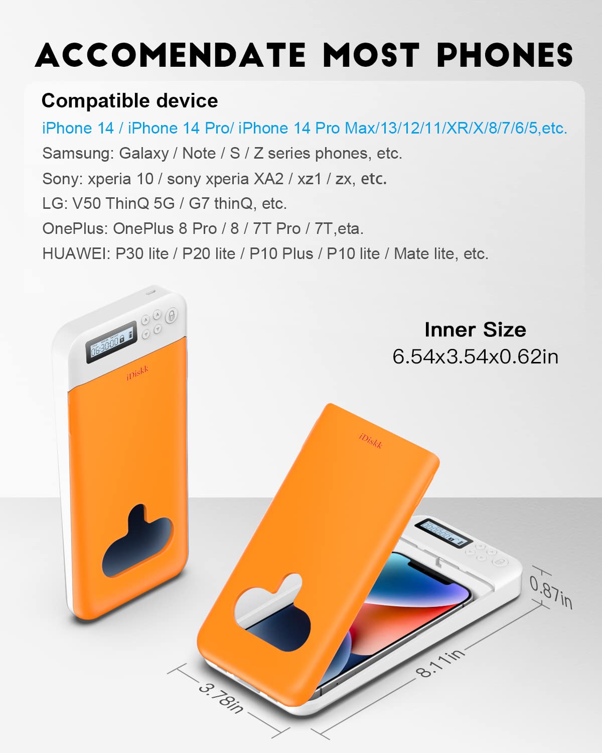 Timer Lock Box for iPhone & Android Phones - Secure Cell Phone Storage for Kids, Students & Parents | Focus Booster with Timer | Compatible with iPhone 14/13/12/11/X/8 & Samsung/Google | Includes Battery (Orange) - Perfect for Study Time, Work Focus & Digital Detox