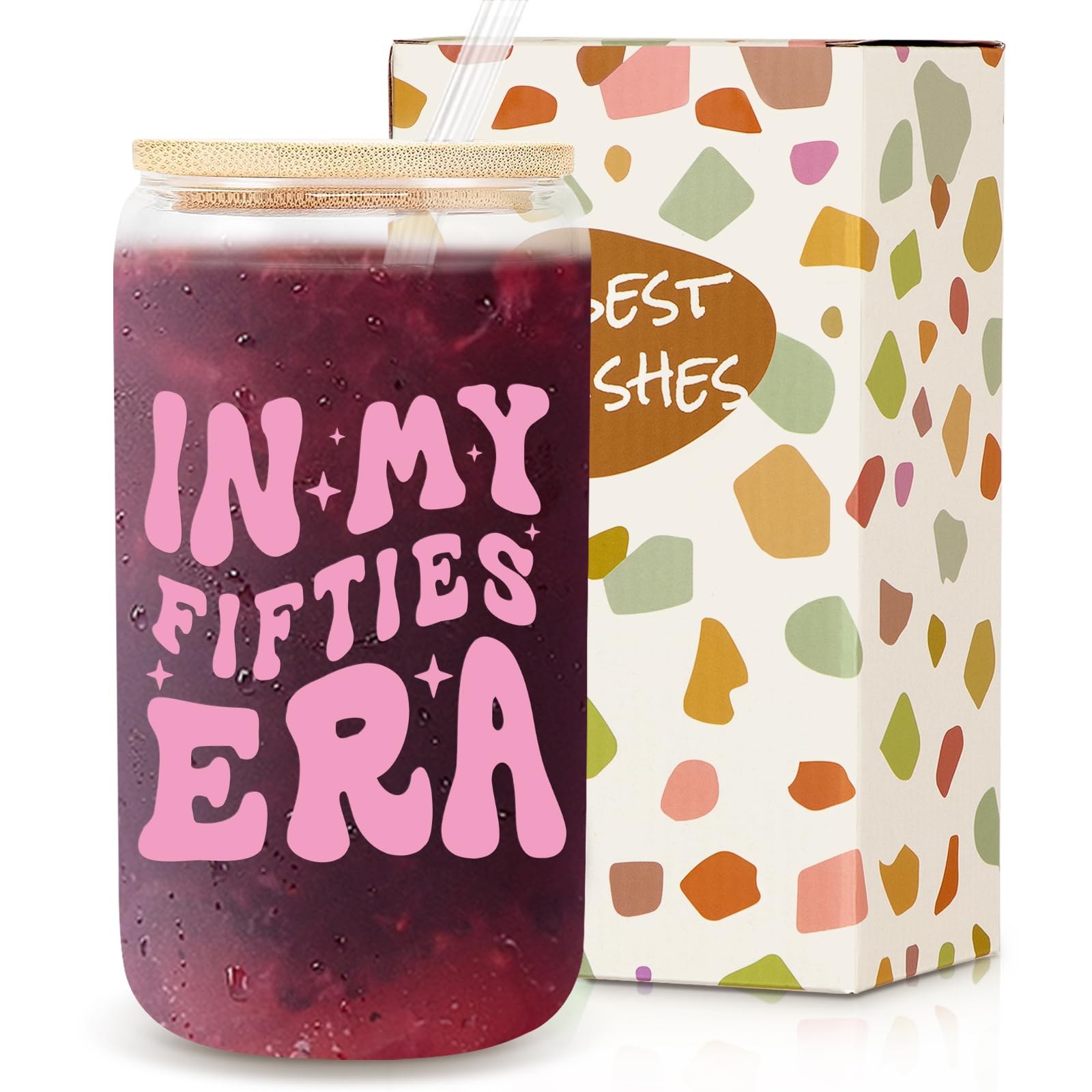 50th Birthday Gifts for Women - 16oz In My FIFTIES Era Glass Coffee Cup - Unique Birthday Gift Idea for Mom, Friends & Coworkers - Perfect for Coffee, Tea & Office Use (50th Cup)