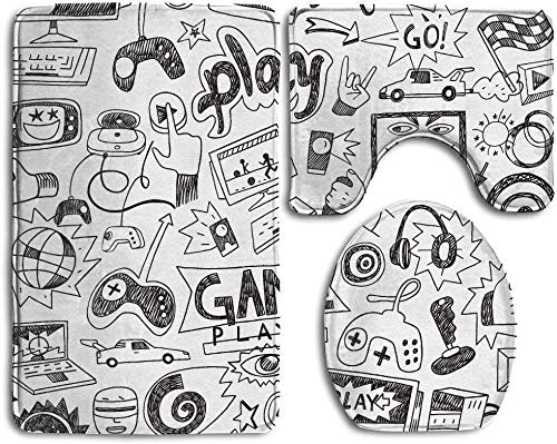 CoolSomeJies 3-Piece Gaming Bath Mat Set - Black and White Sketch Video Game Design, Non-Slip Contour Rug & Lid Cover - Perfect for Teen Bedroom, Gaming Room or 90s Retro Bathroom Decor