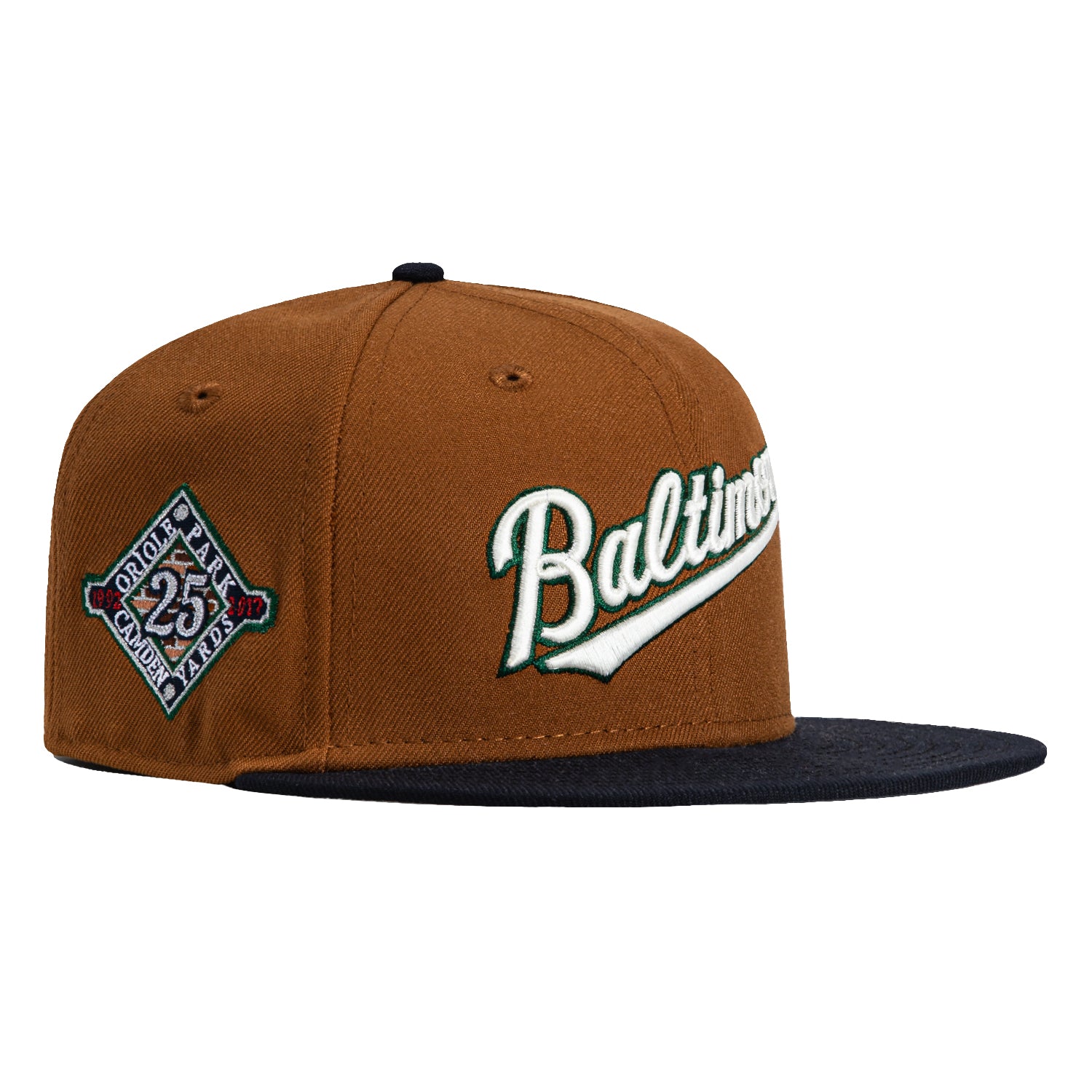 New Era 59Fifty Baltimore Orioles 25th Anniversary Stadium Patch Script Baseball Cap - Khaki & Navy - Adjustable Snapback Hat for Men & Women - Perfect for Baseball Games, Sports Events & Streetwear Fashion