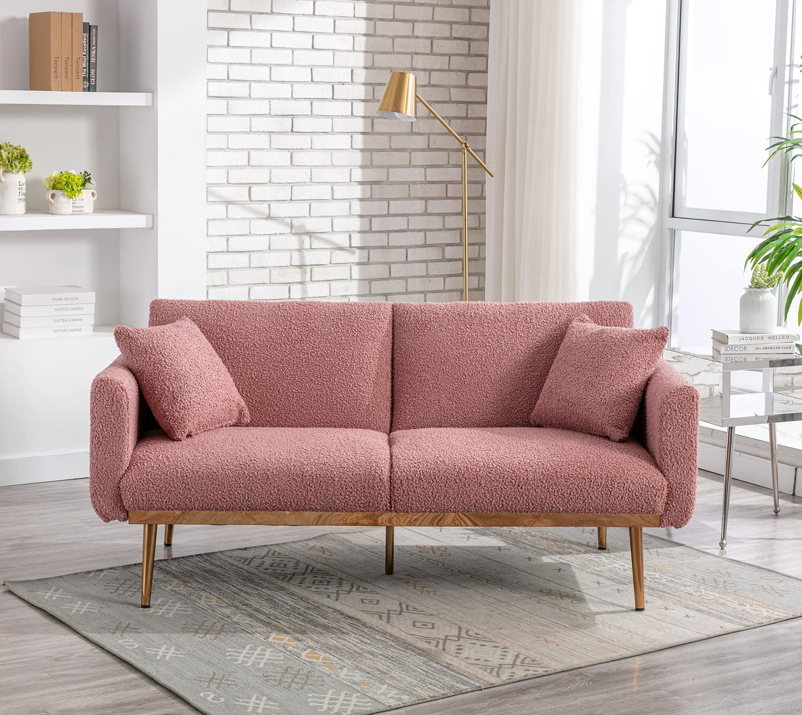 Antetek Convertible Futon Sofa Bed - 3 Adjustable Positions, Modern Upholstered Loveseat Sleeper with 2 Decorative Pillows & 5 Metal Tapered Legs in Soft Brush Pink Teddy Fabric - Perfect for Small Apartments, Guest Rooms, and Cozy Living Spaces