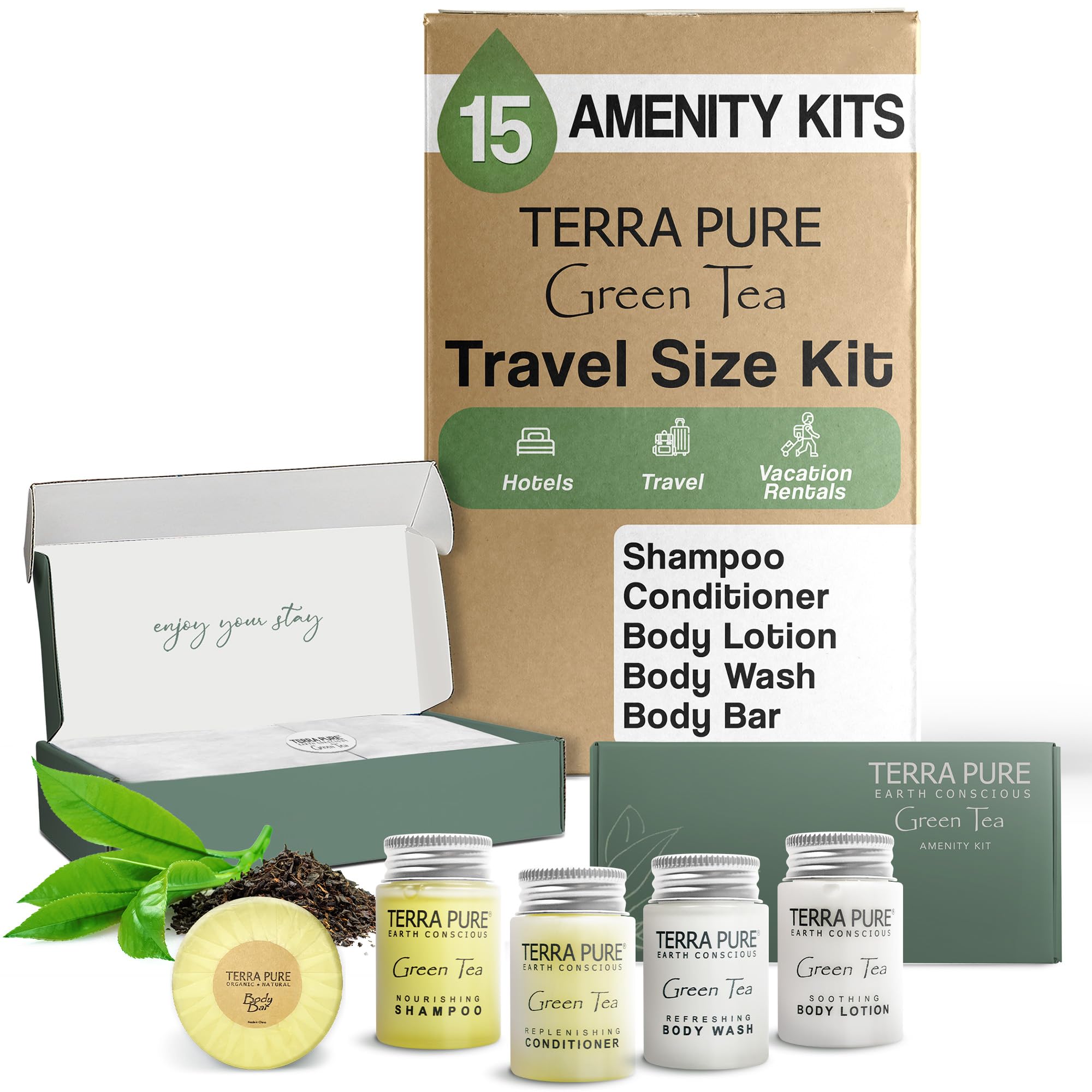 Terra Pure Green Tea Hotel Amenity Kit - Bulk Toiletries Set (15 Sets/Case) with 1 oz Shampoo, Conditioner, Lotion, Body Wash & Soap Bar | Eco-Friendly Travel Essentials for Hotels, Vacation Rentals & Guest Hospitality | Perfect for Spas, Resorts & Business Travelers