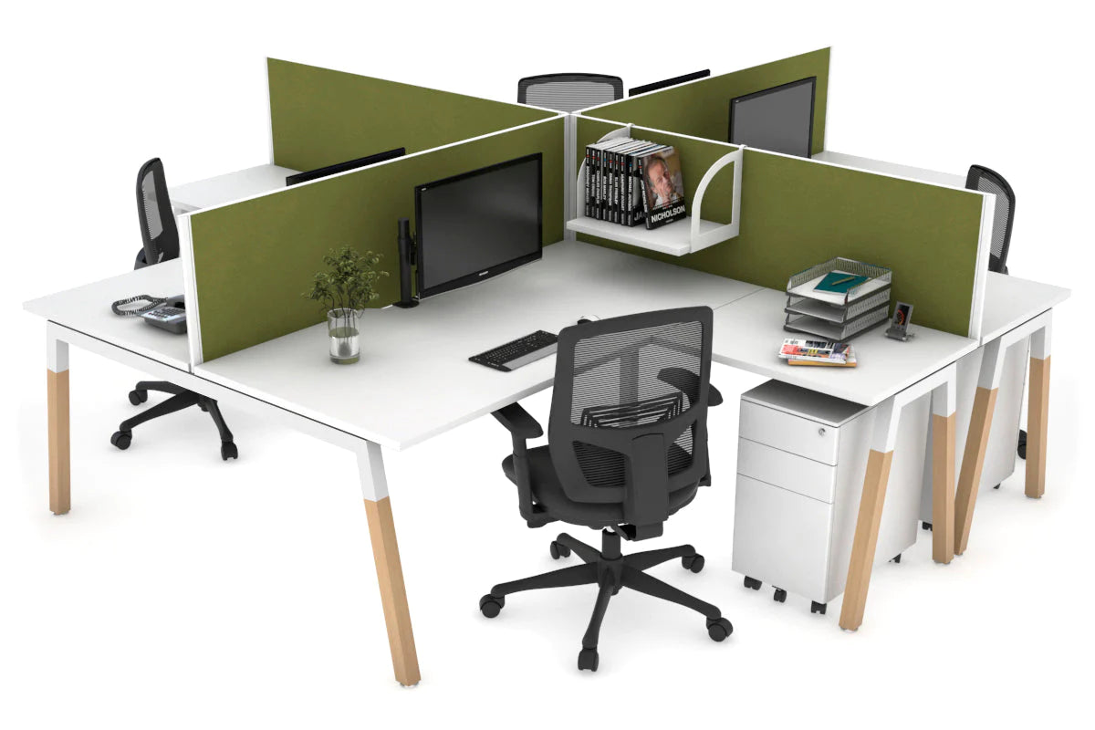 Quadro Wood A Legs Cross Beam 4-Person Corner Workstation Desk - 1600L x 1800W with Cable Management Scallop - Perfect for Office, Home Workspace & Collaborative Environments