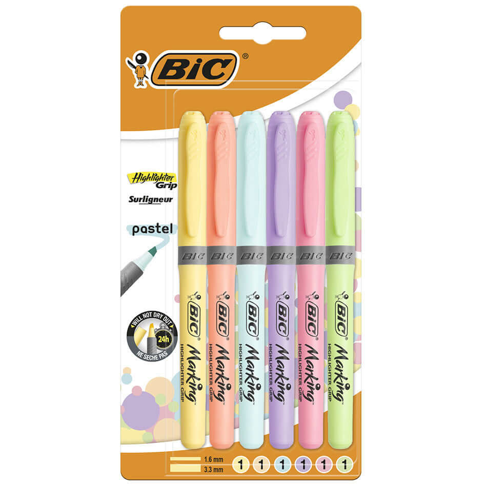 BIC Grip Highlighter Pastel Colors - 6 Pack Assorted Pastel Highlighters for School, Office & Study Notes - Soft Chisel Tip for Smooth Writing & Underlining