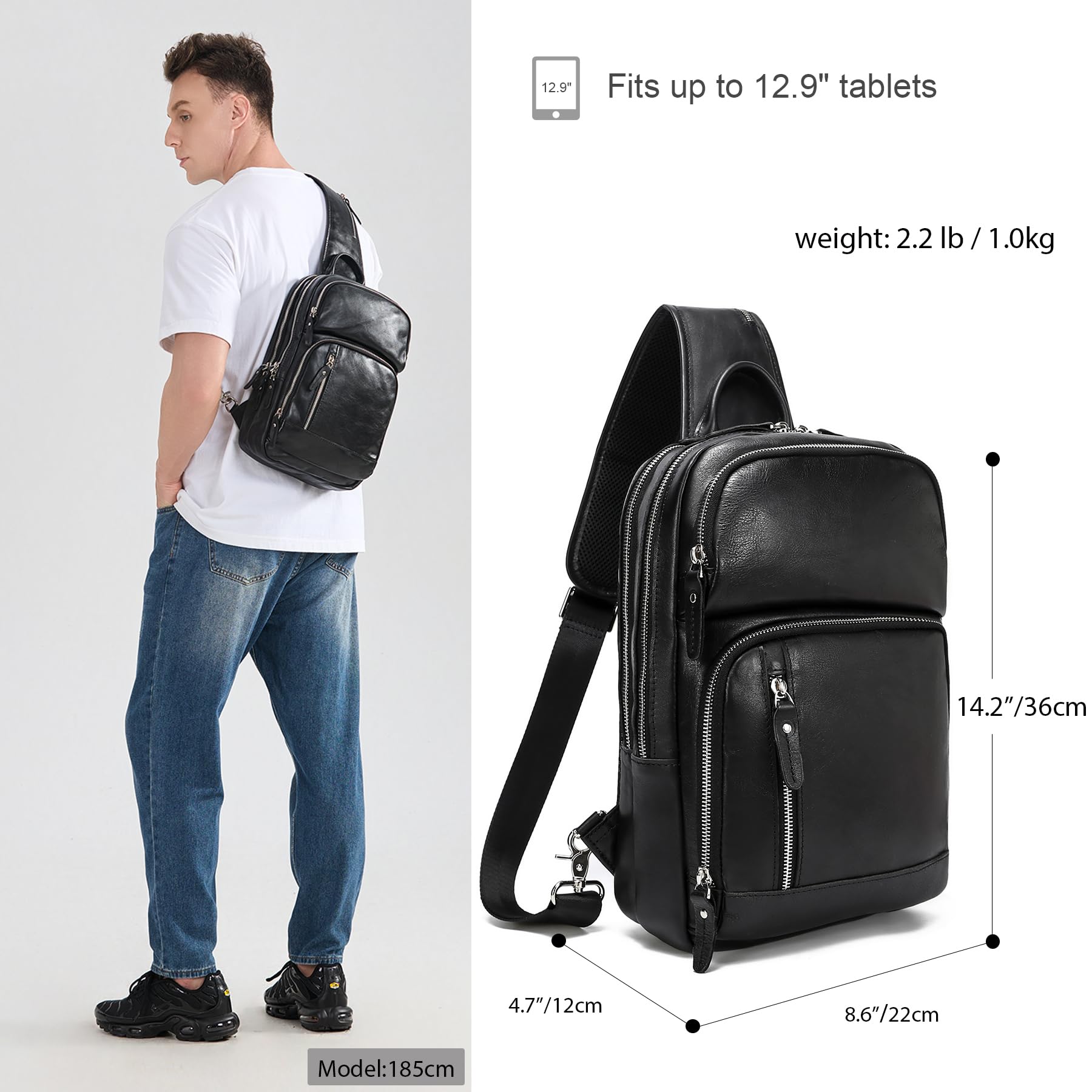 Premium Full Grain Leather Sling Bag for Men - Crossbody Chest Bag Fits 12.9