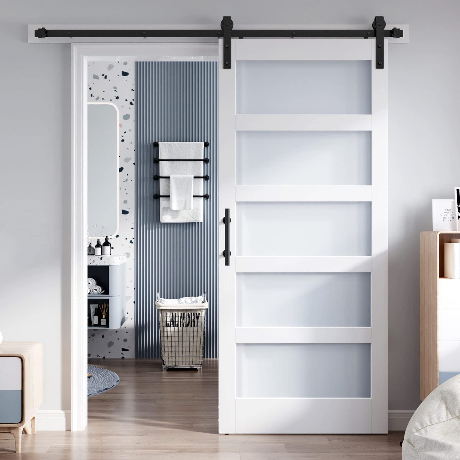 38x84 Inch Frosted Glass Sliding Barn Door with 6.6ft Hardware Kit - White Waterproof & Scratch-Resistant PVC LVL Wood Panel - Easy DIY Installation for Bedroom, Closet, or Home Office