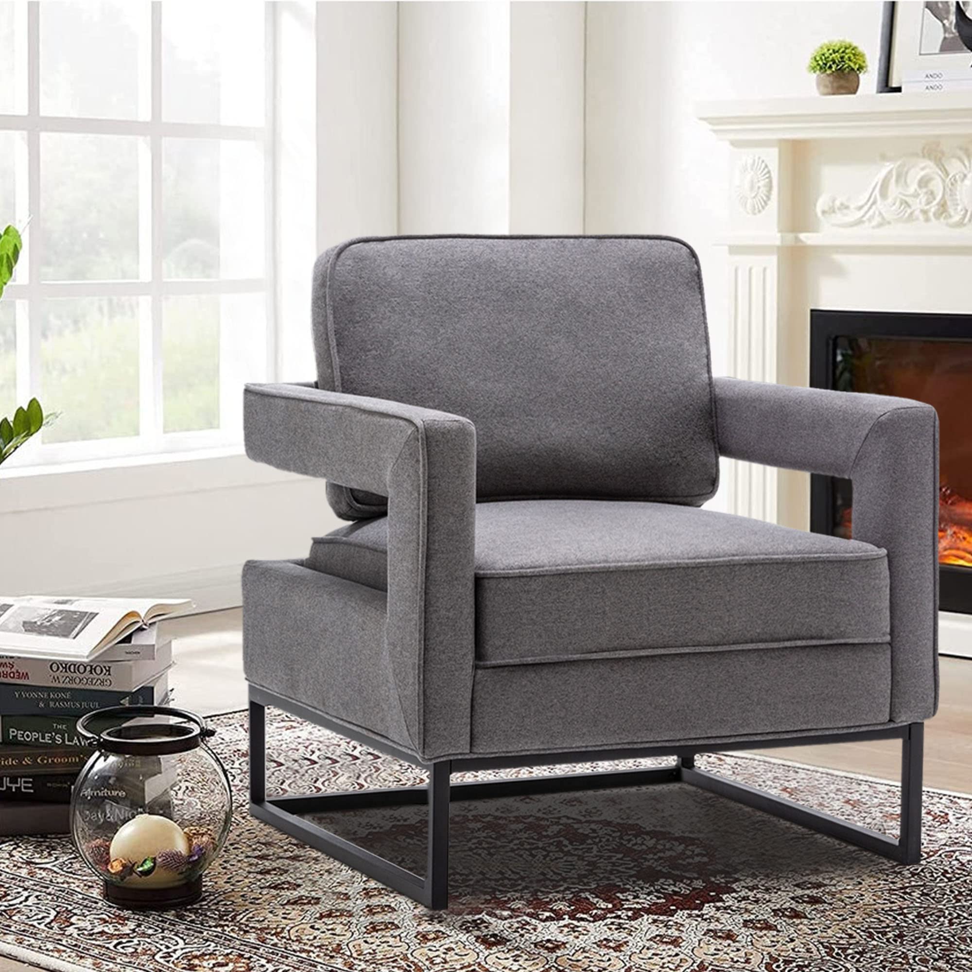 Andeworld Mid Century Modern Accent Chair - Grey Upholstered Armchair for Living Room, Bedroom, Apartment - Perfect for Reading, Lounging & Relaxing | Comfortable Seating Furniture for Home Office, Lounge Area & Small Spaces