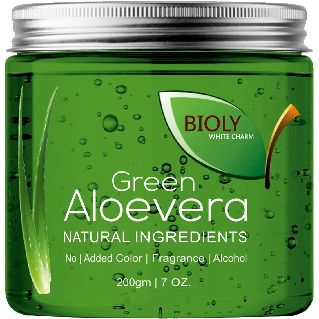BIOLY WHITE CHARM Green Aloe Vera Gel for Face & Hair - 100% Pure Aloe Vera with Vitamin E - 200g - Hydrating Moisturizer for Sunburn Relief, Acne Treatment & Hair Care - Perfect for Daily Skincare Routine