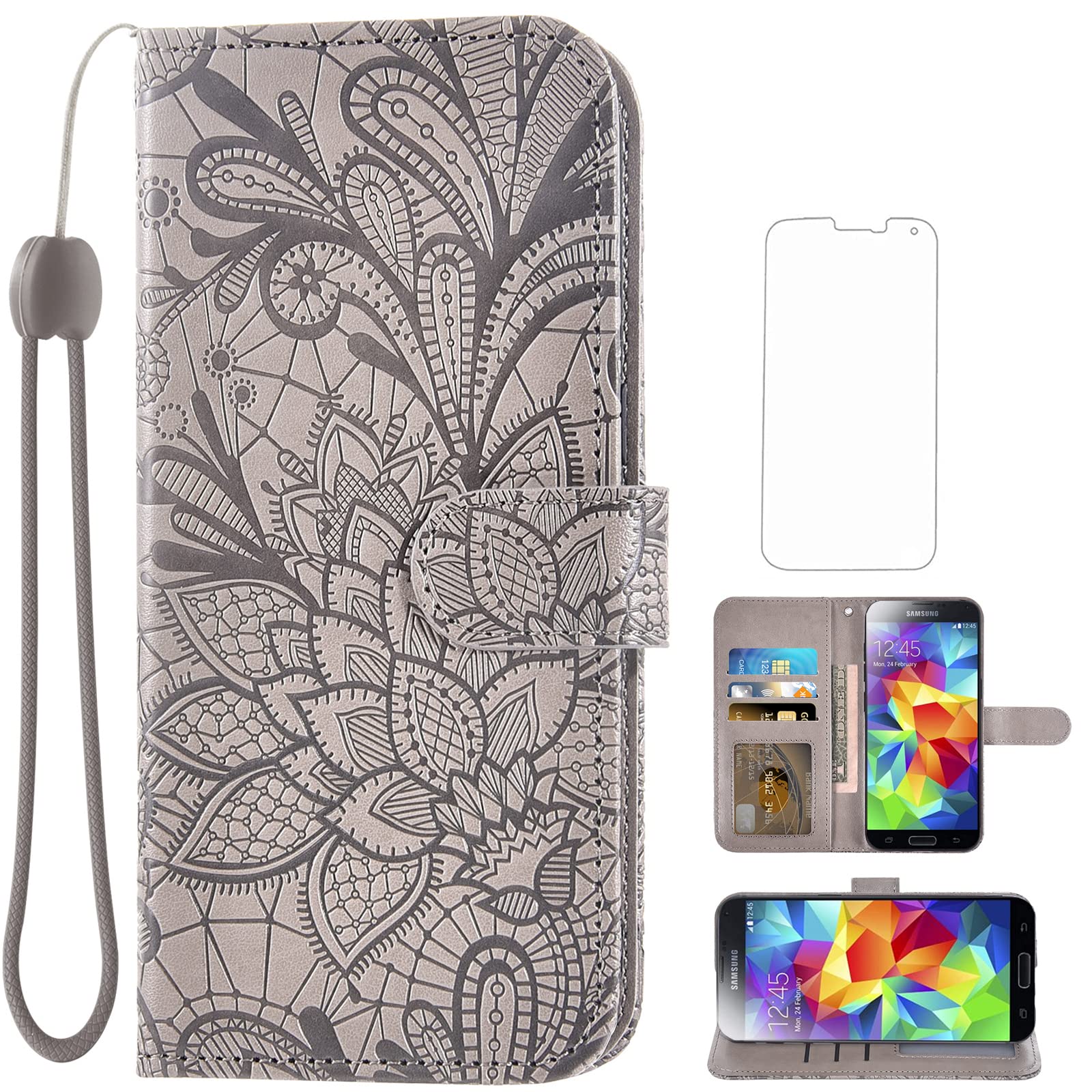 ASUWISH Samsung Galaxy S5 Case with Card Holder & Kickstand - Tempered Glass Screen Protector Included - Wallet Phone Cover for Galaxy S5 Neo/G900A/G900T (Grey) - Perfect for Work, Travel & Everyday Use