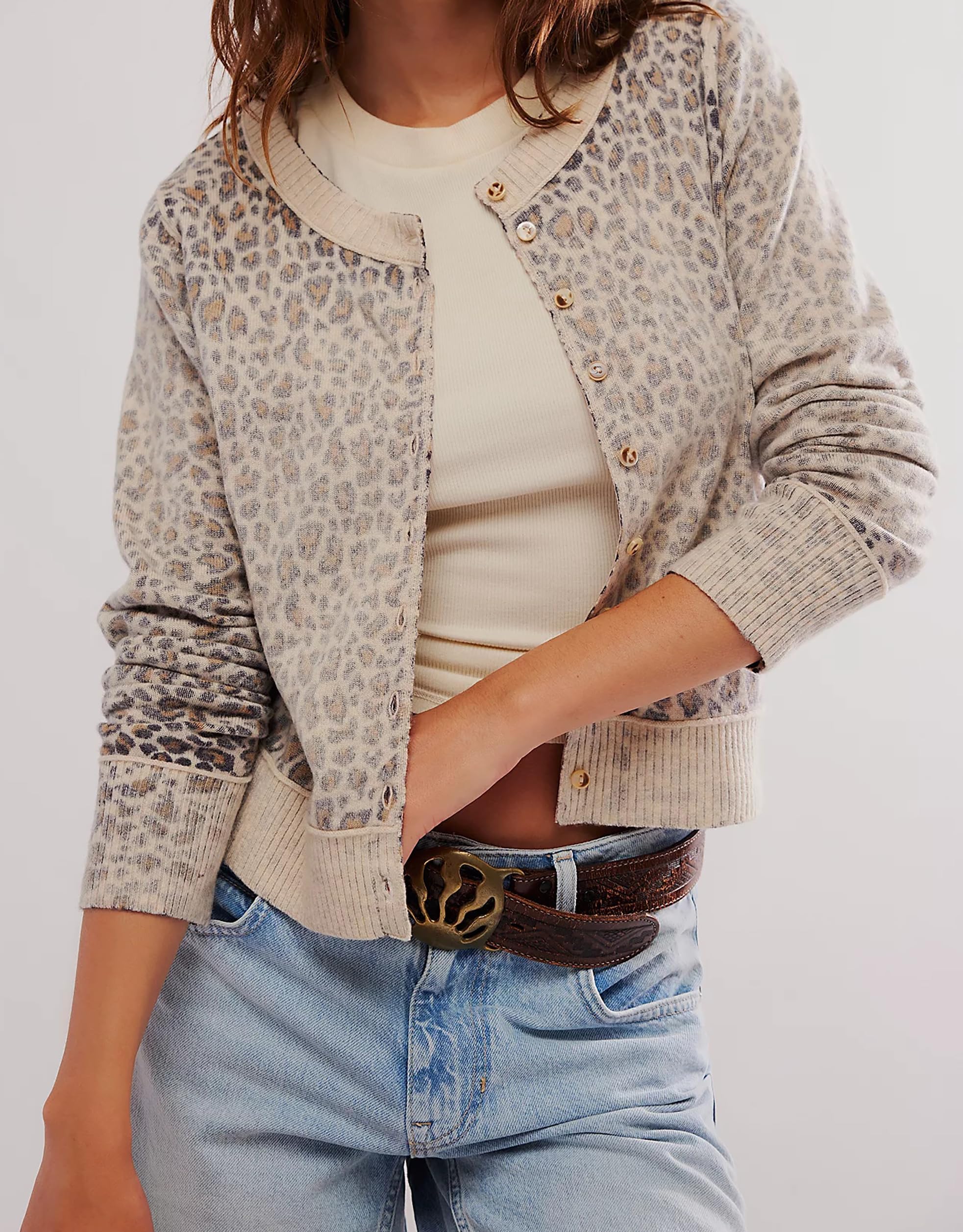 Women's Leopard Print Cropped Cardigan - Long Sleeve Open Front Button Down Knit Sweater | Casual Outfits, Office Wear & Fall Layering Essential