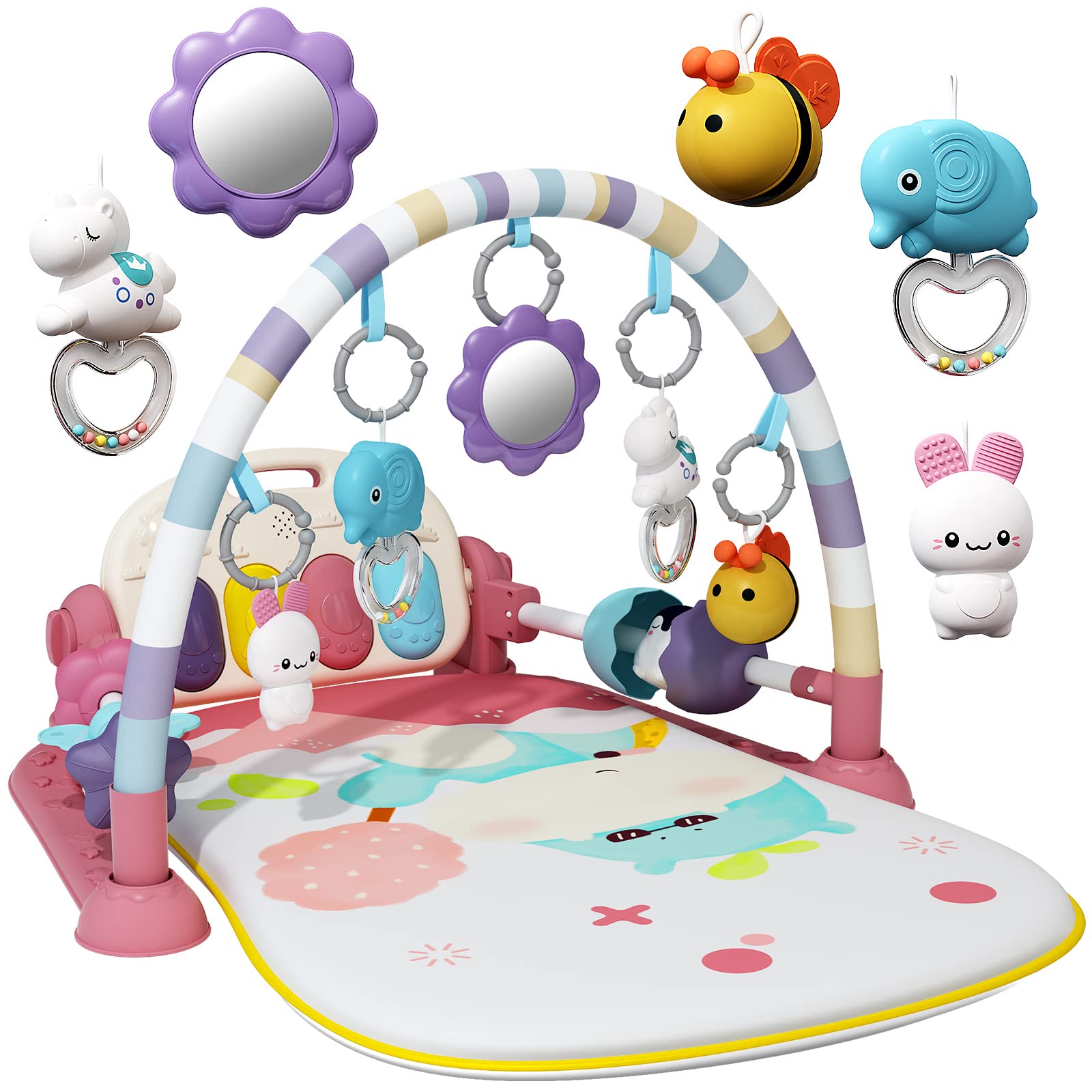 Baby Gym with Kick & Play Piano - Interactive Play Mat for Tummy Time & Sensory Development | 5 Learning Toys, Music & Lights for Newborns (Pink) - Perfect for Early Learning, Crawling & Playtime Activities