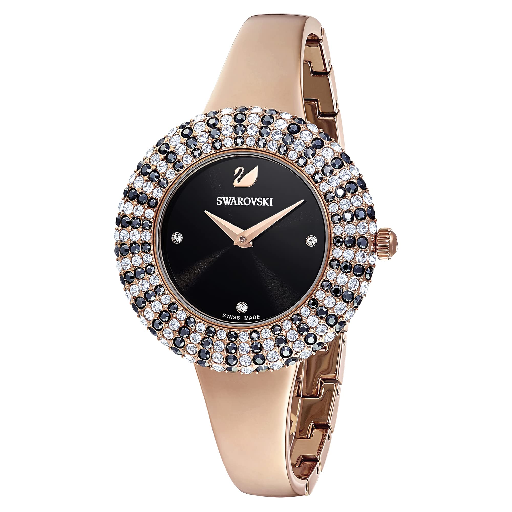 Swarovski Crystal Rose Watch with Metal Bracelet - Black & Rose Gold-Tone Finish | Elegant Women's Fashion Accessory for Parties, Weddings & Special Occasions