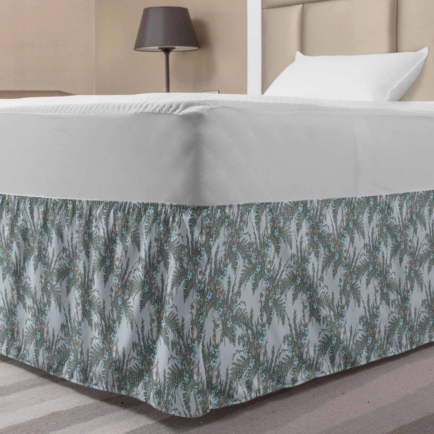 Ambesonne Floral Bed Skirt - Blooming Spring Leaves & Flowers Foliage Wrap Around Elastic Bedskirt | Gathered Design for Full Size Bed | Pale Blue & Reseda Green | Perfect for Bedroom Decor & Home Styling