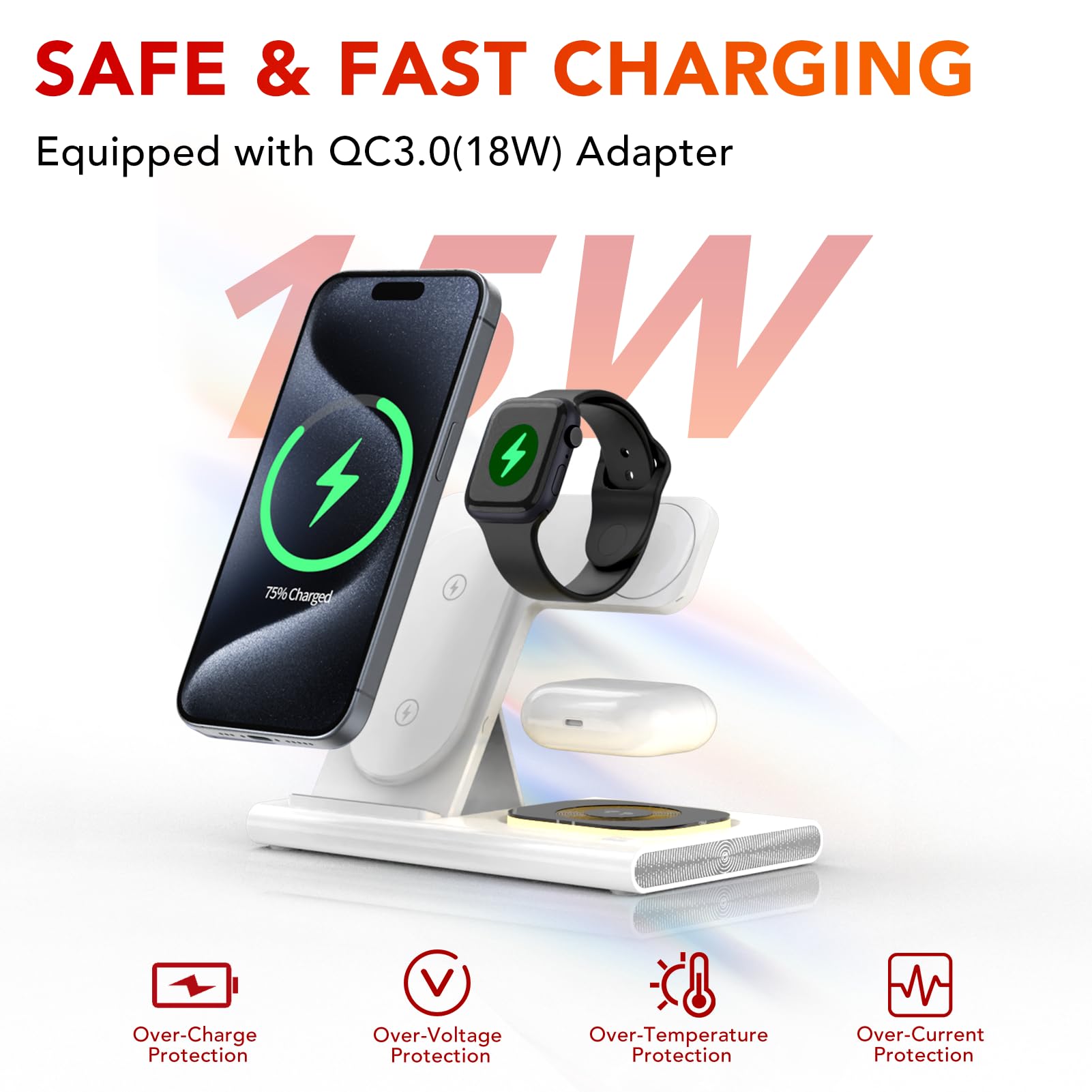 3-in-1 Foldable Wireless Charging Station for iPhone 16/15/14/13/12/11 Series, Apple Watch & AirPods 4/3/2/Pro/Pro 2 - Fast Charging Stand with Night Light (White) | Perfect for Bedside, Office & Travel Use