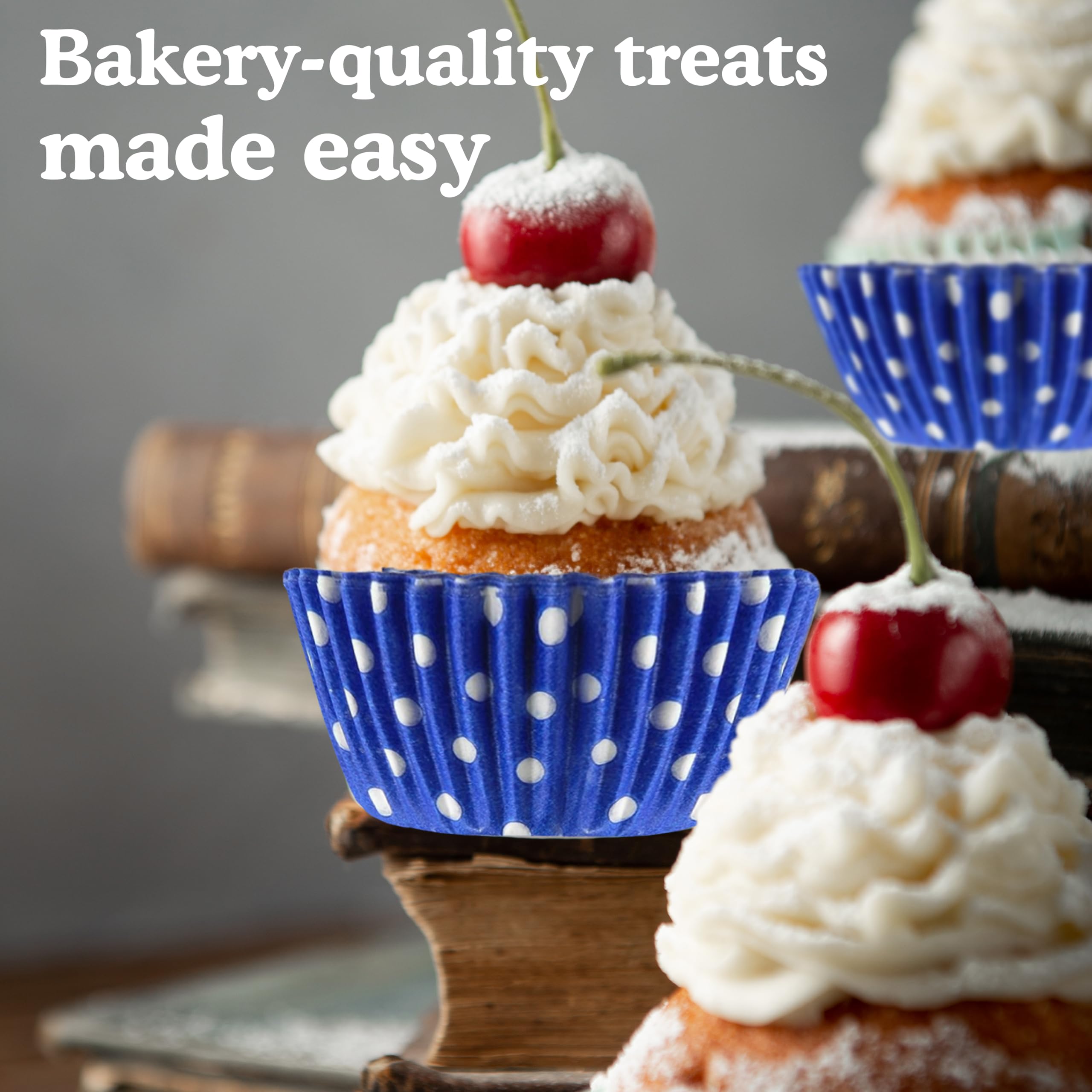 Regency Wraps Professional Greaseproof Baking Cups - 40 Pack Standard Cupcake Liners, Non-Stick Muffin & Candy Wrappers, Cobalt Blue Polka Dot Design - Perfect for Baking, Party Decorations & Gift Packaging