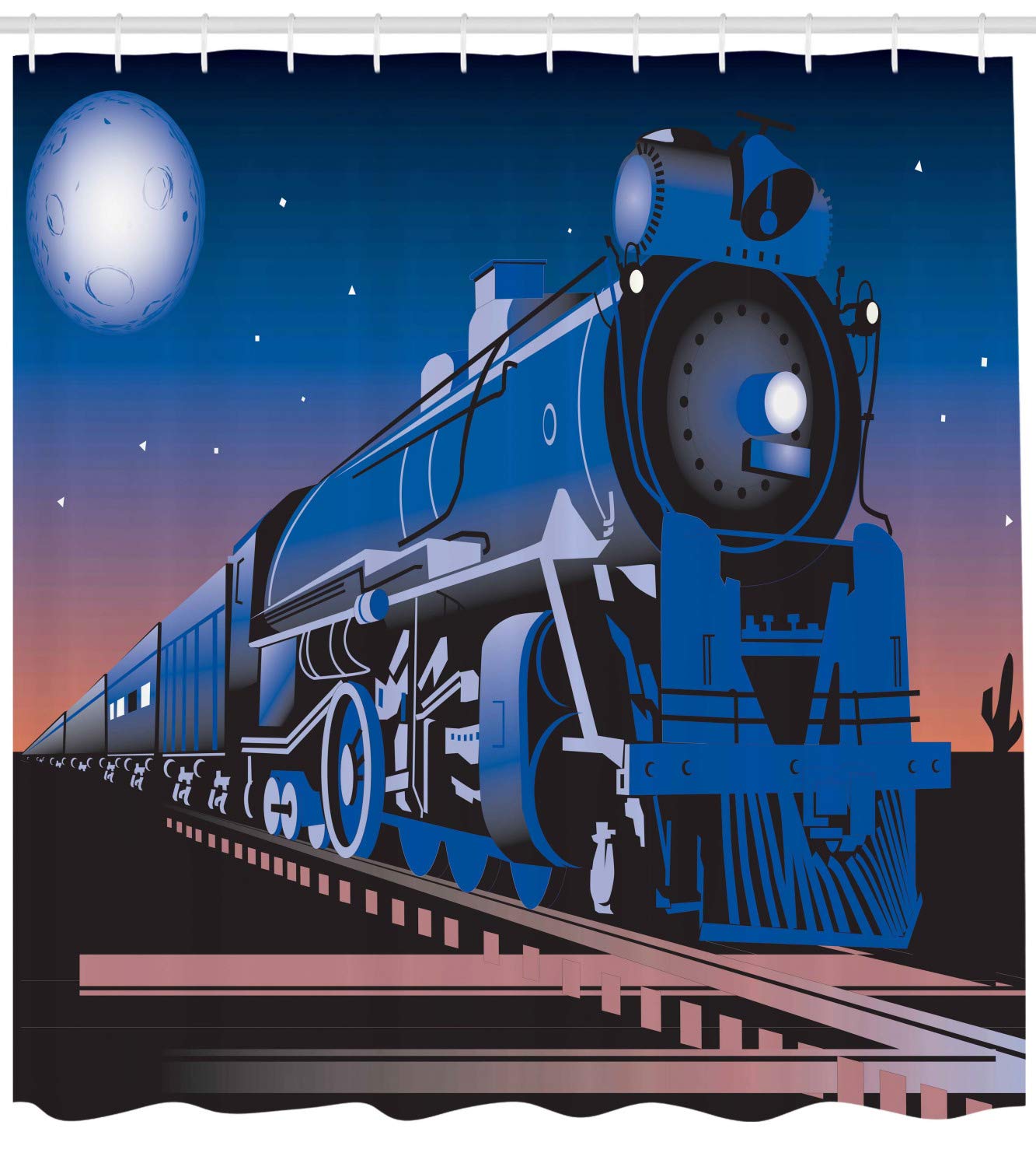 Ambesonne Vintage Train Shower Curtain - Old Fashioned Steam Locomotive with Twilight Moon & Stars Design - 105