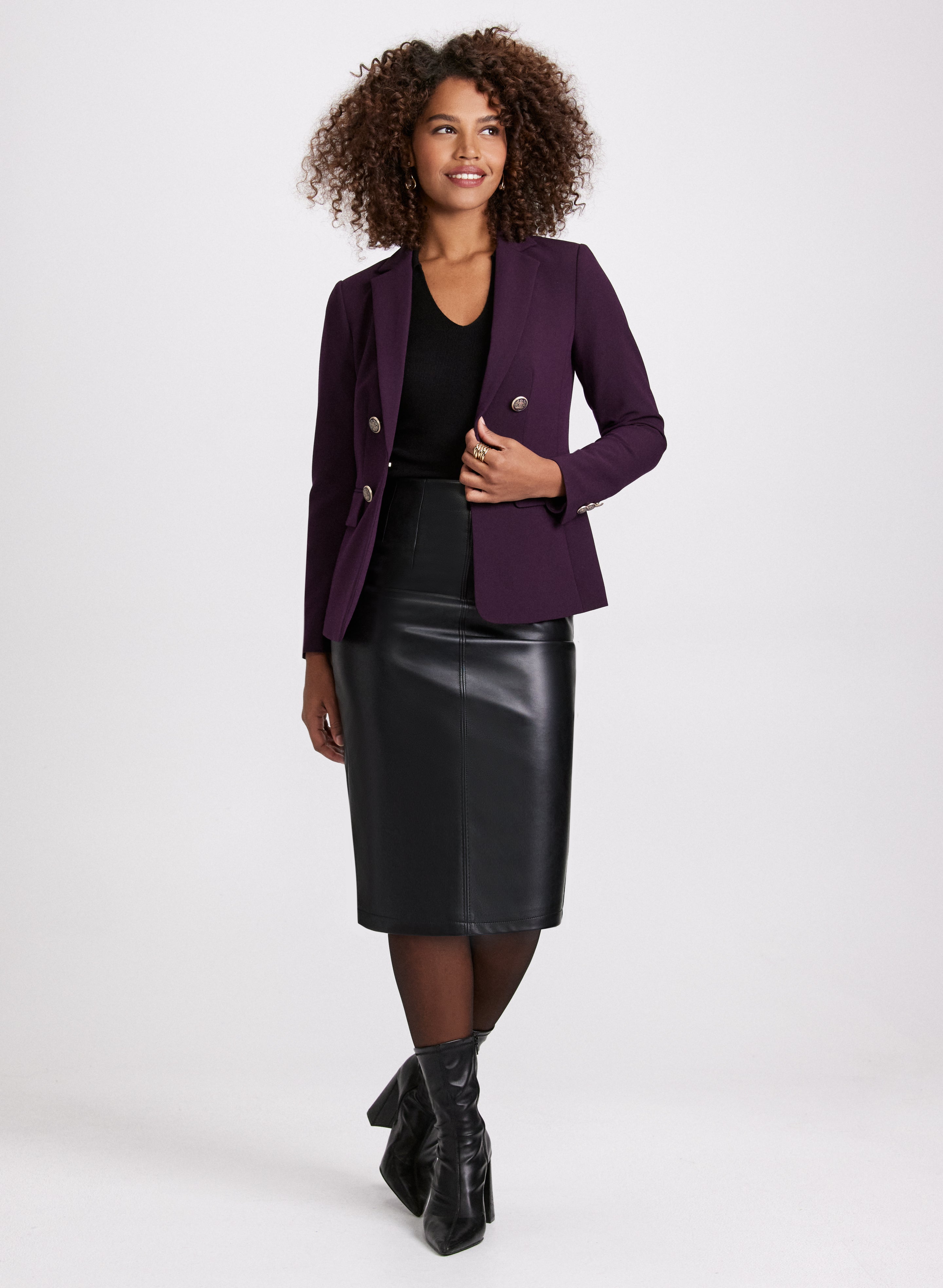 Stylish Decorative Button Jacket & Vegan Leather Pencil Skirt Set for Women - Office Wear, Business Casual Outfits & Fall Fashion