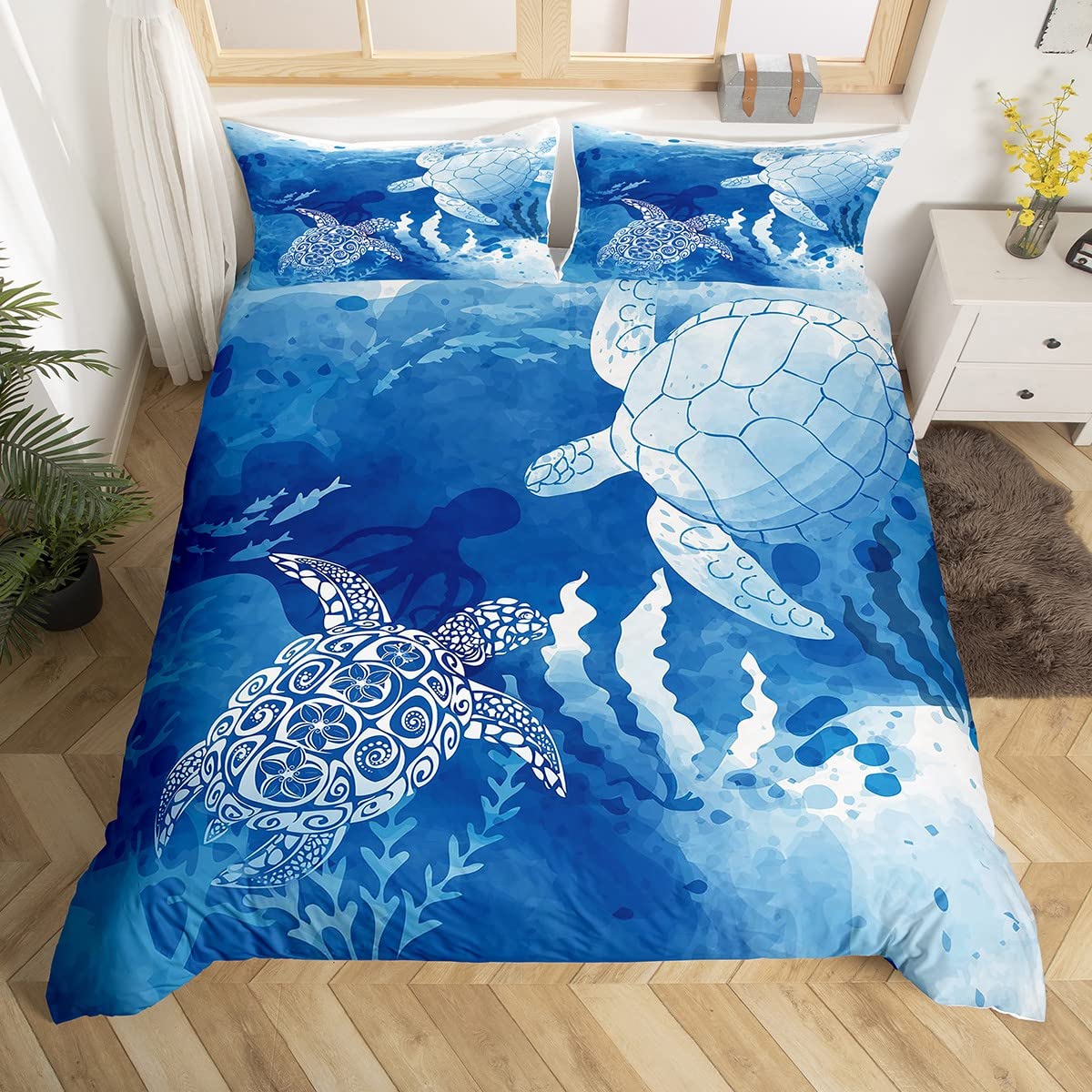 Homewish Twin Size Sea Turtle Duvet Cover Set - Navy Blue Ocean Theme Bedding with Octopus & Seaweed Silhouette - Includes 1 Pillowcase (68x90 Inches) - Perfect for Teen Girls' Room Decor & Underwater Themed Bedrooms