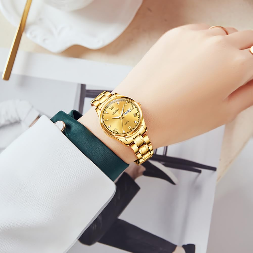 OLEVS Women's Gold Stainless Steel Waterproof Analog Watch with Date & Day - Small Face Quartz Movement, Fashion Gold/Black/White Dial Ladies Wristwatch - Perfect for Office, Party & Everyday Wear