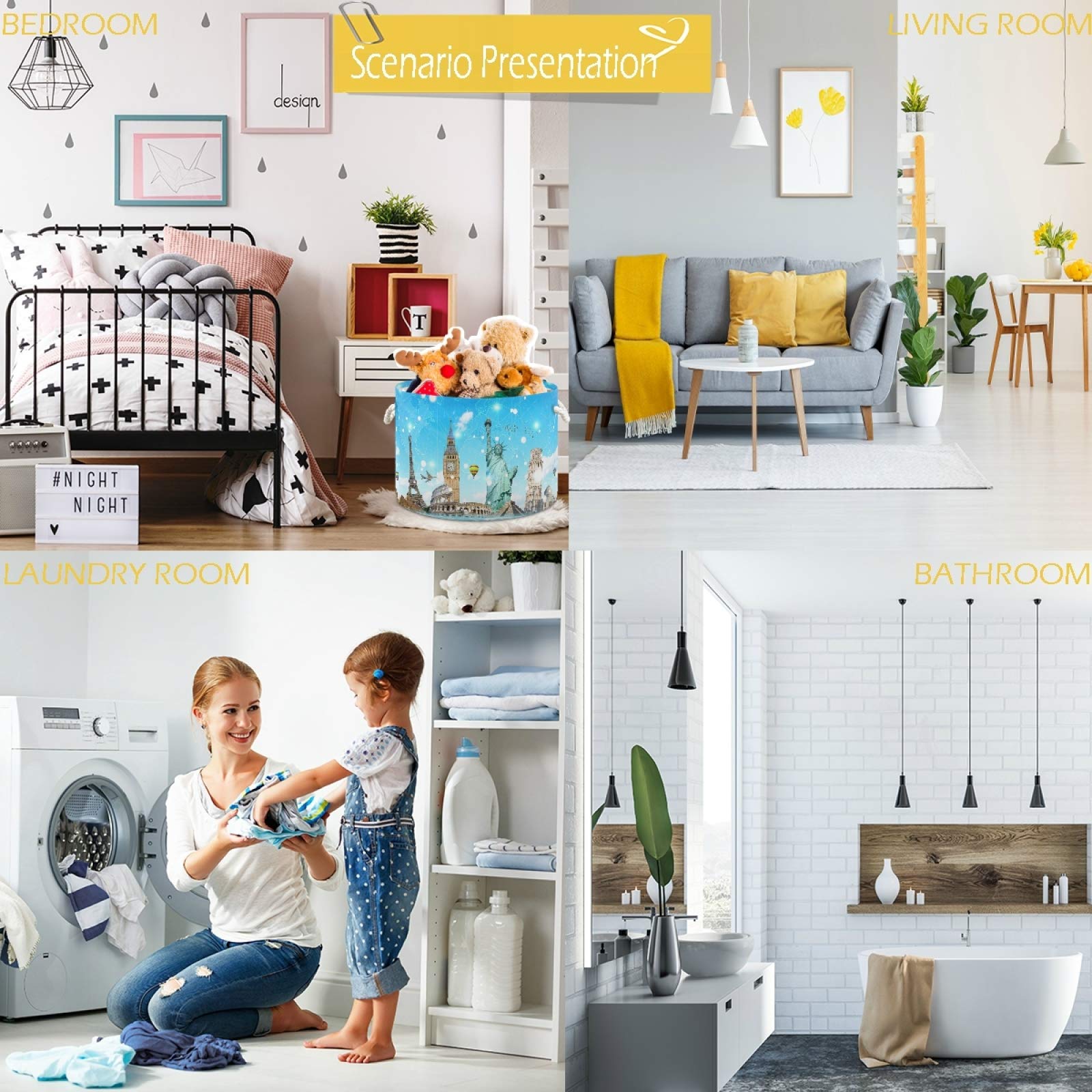 Visesunny Collapsible Storage Basket - World Landmarks Themed Nursery Hamper for Clothes, Toys & Laundry | Organizer Bin for Kids Room, Playroom, Bathroom, Living Room, Dorm & Office | Perfect for Home Organization & Space Saving
