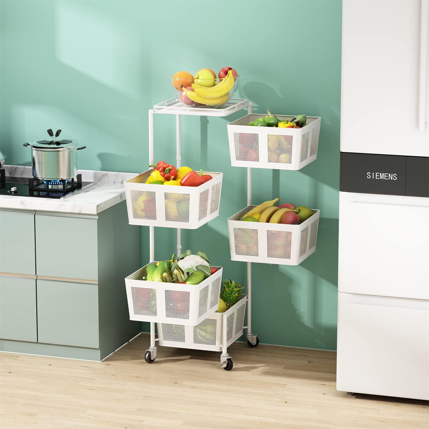 5-Tier Rotating Kitchen Storage Rack for Fruits, Vegetables, Potatoes & Tomatoes - Lockable Wheels, Space-Saving Organizer for Pantry, Living Room & Kitchen (White) | Perfect for Small Spaces & Bulk Food Storage