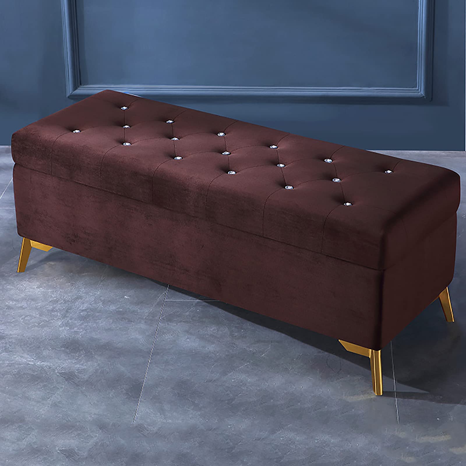 Luxury Velvet Upholstered Storage Ottoman Bench with Crystal Buttons - Dark Brown 90x42x45cm (35x17x18in) - Modern Living Room Furniture, Bedroom Footrest, Entryway Shoe Storage Bench - Perfect for Small Space Organization & Home Decor
