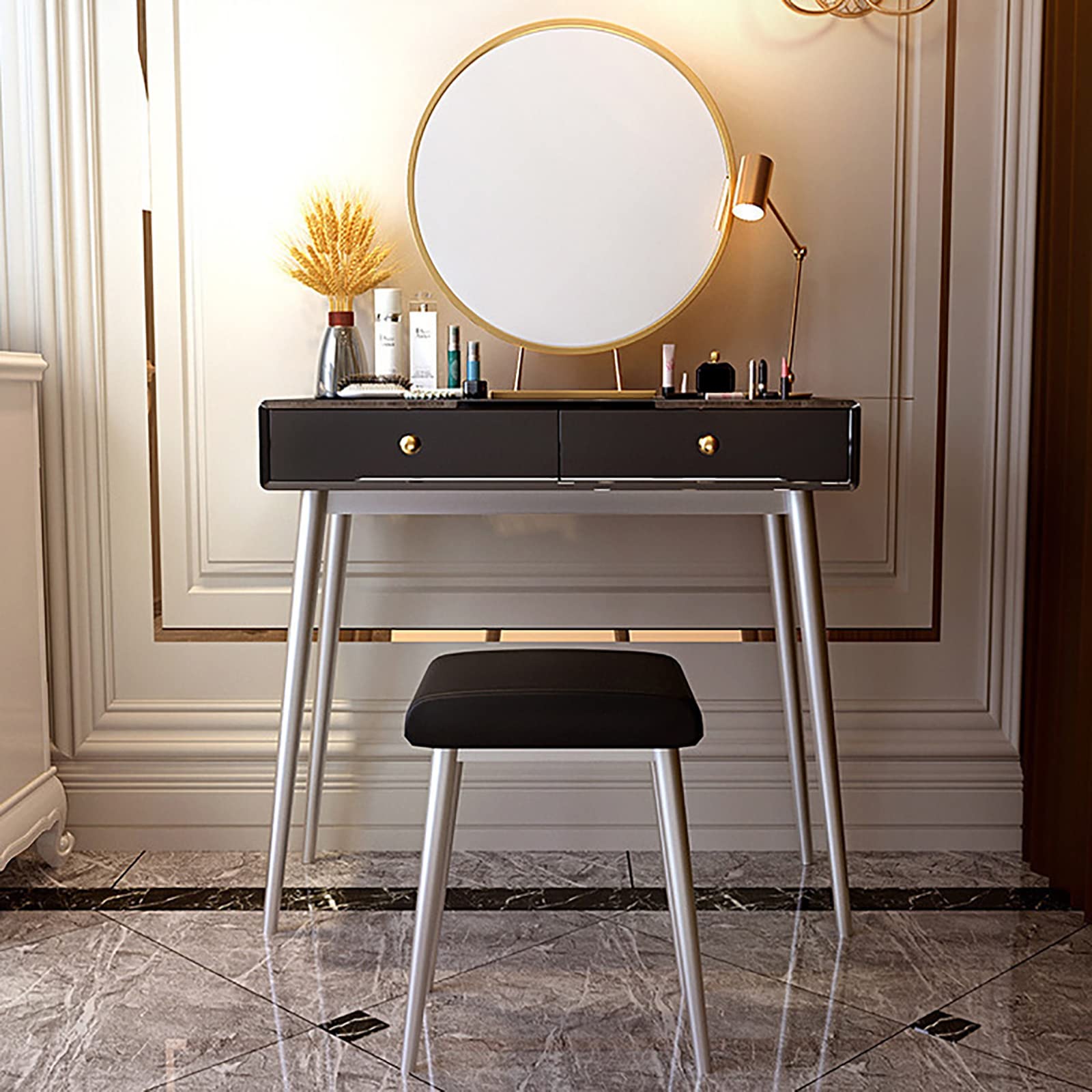 CAYJ Large Vanity Desk Set with 2 Storage Drawers, Padded Stool & Mirror - Elegant Dressing Table for Bedroom, Home Office or Writing Desk - Perfect for Makeup, Skincare Routine and Workspace Organization