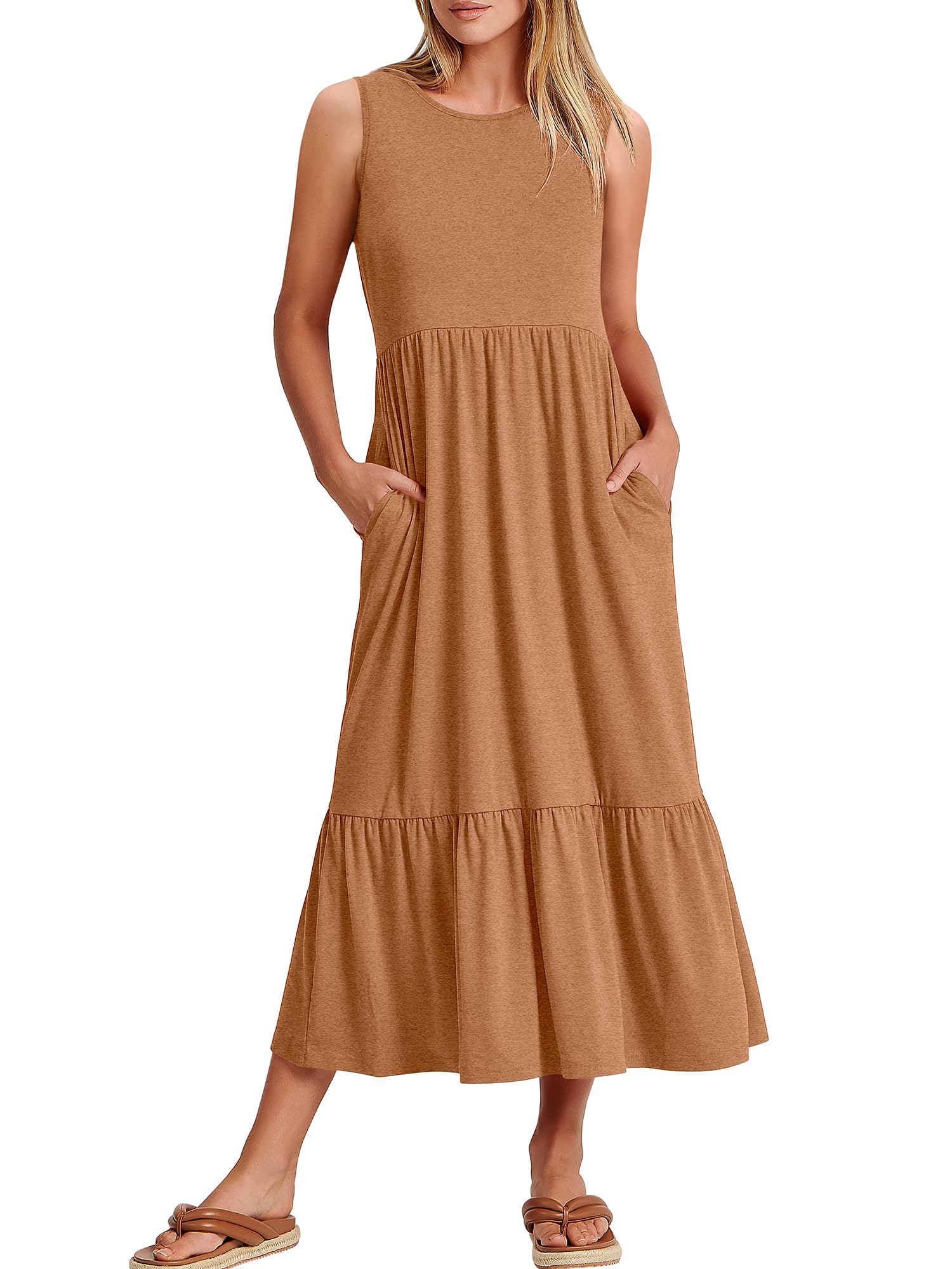 ANRABESS Women's Summer Sleeveless Crewneck Sundress - Flowy A-Line Tiered Maxi Beach Dress for Vacation, Casual Wear, and Outdoor Activities