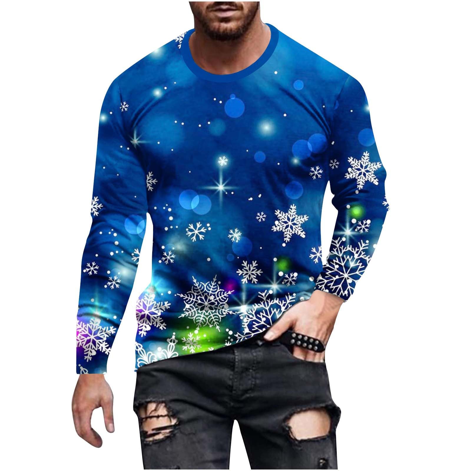 LBJTAKDP Men's Christmas T-Shirt - 3D Xmas Tree Graphic Long Sleeve Crewneck Casual Pullover Top | Holiday Party, Family Gathering, Christmas Gift for Dad