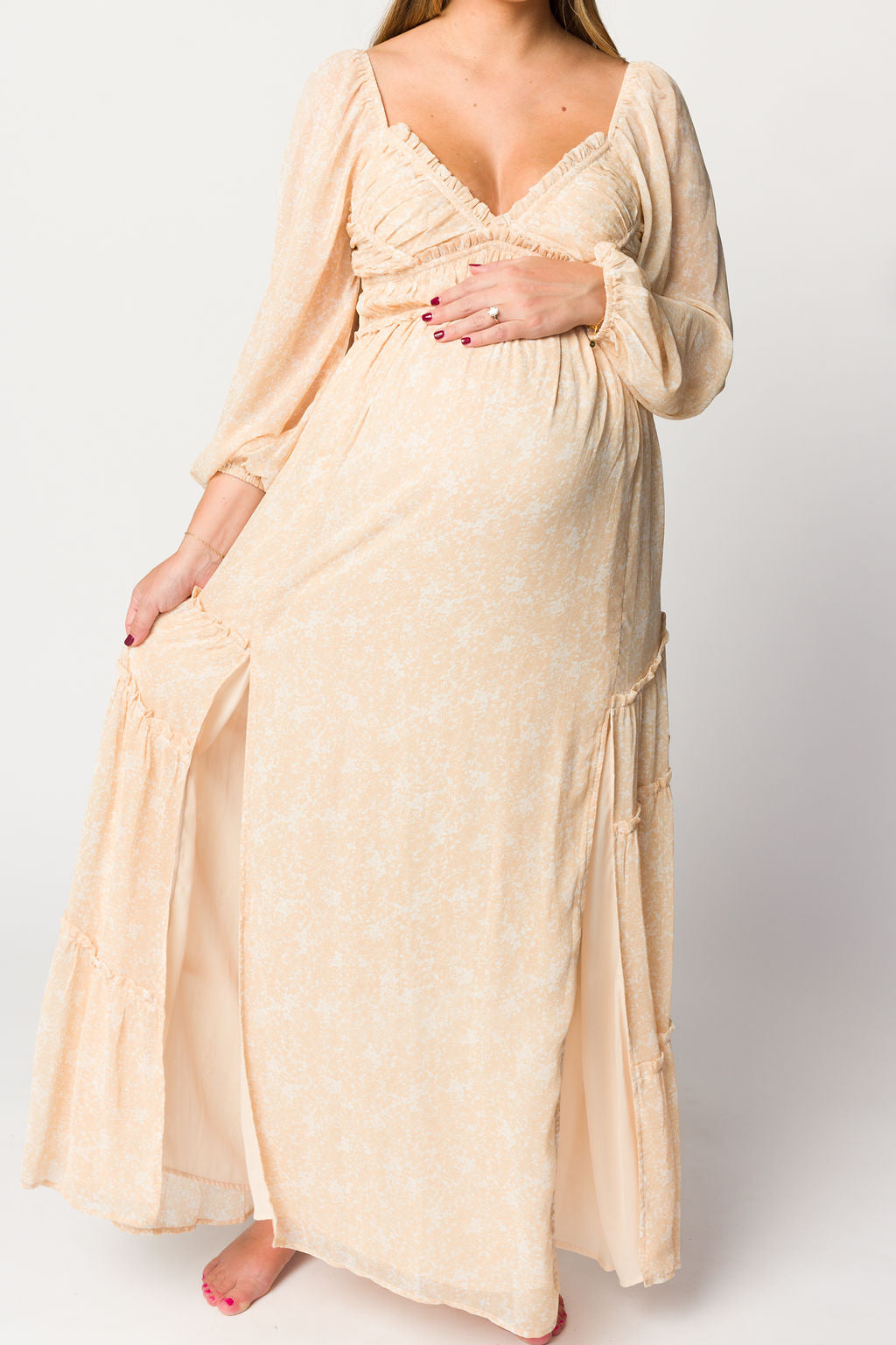 Light Beige Floral Maxi Dress with Long Sleeves - Bump Friendly Maternity Dress in Inclusive Sizes XS to 3XL - Perfect for Pregnancy, Nursing, and Special Occasions