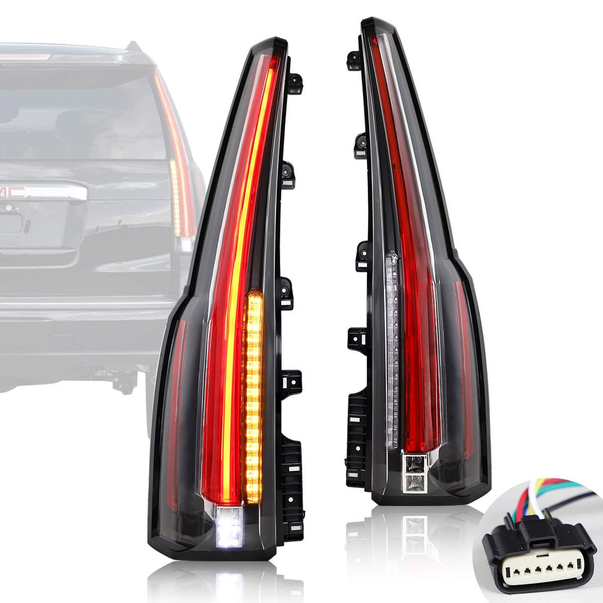 VLAND LED Tail Lights Assembly for GMC Yukon 2015-2020 - Plug & Play Rear Lamps with Amber Turn Signal - Driver & Passenger Side (Red & Clear) - YAB-GMC-0268 - Upgrade Your Truck for Night Driving & Enhanced Safety