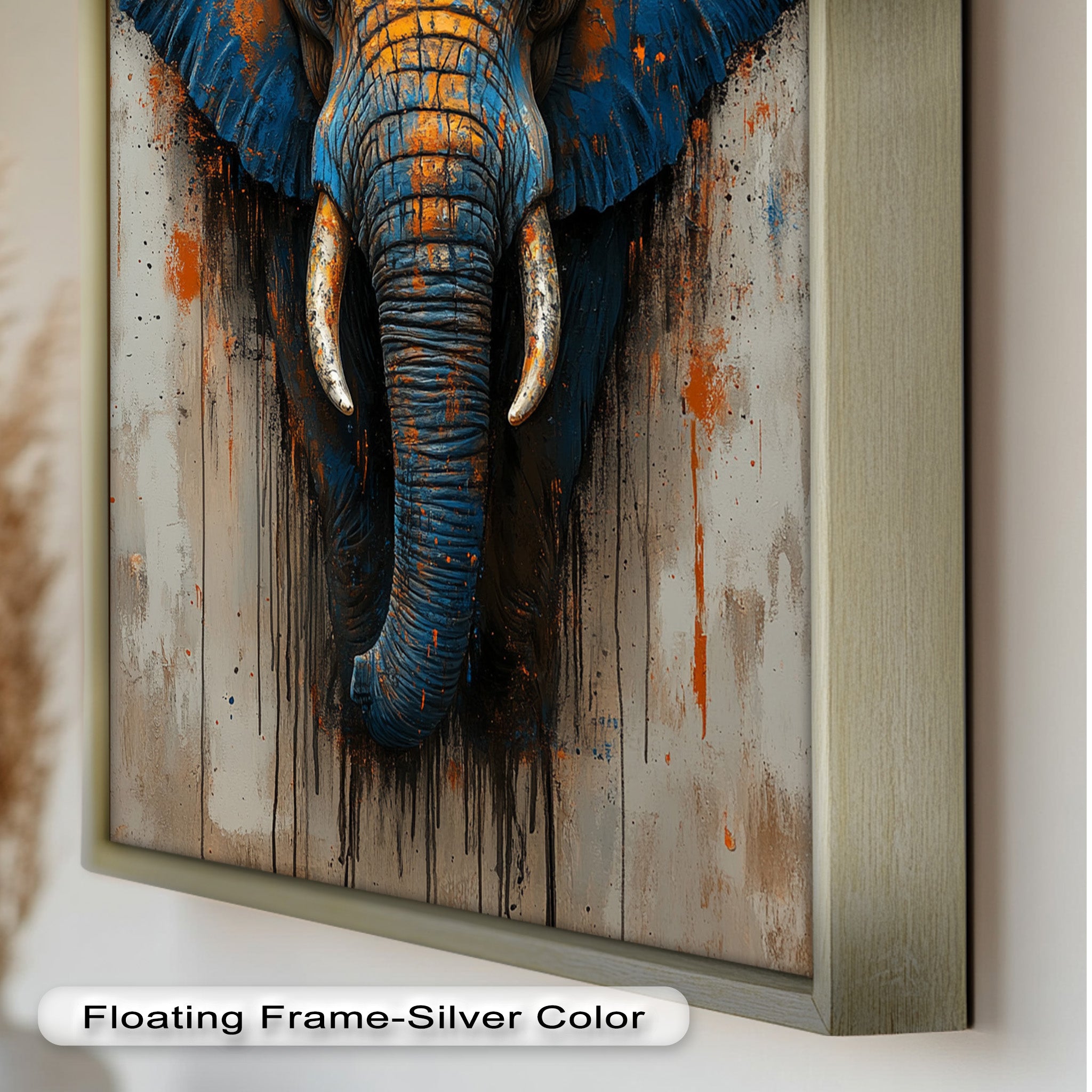 Blue and Orange Elephant Portrait - Handmade Animal Oil Painting for Home Decor, Living Room Wall Art, Gift for Animal Lovers