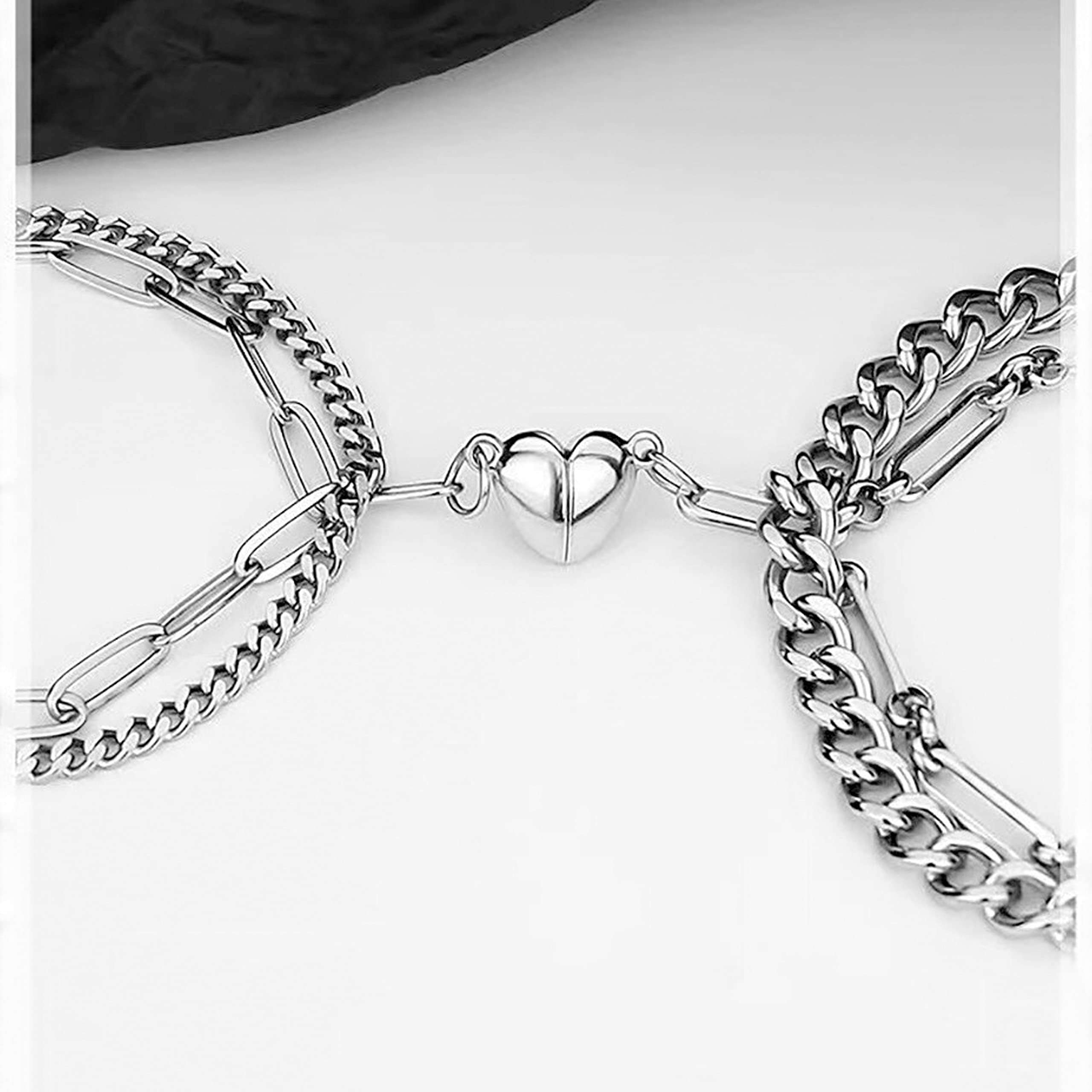 Valentine's Day Crystal Heart Silver Couple Ring & Magnetic Bracelet Set - Romantic Gift for Girlfriend, Wife, Couples - Perfect for Anniversaries, Proposals, and Special Occasions