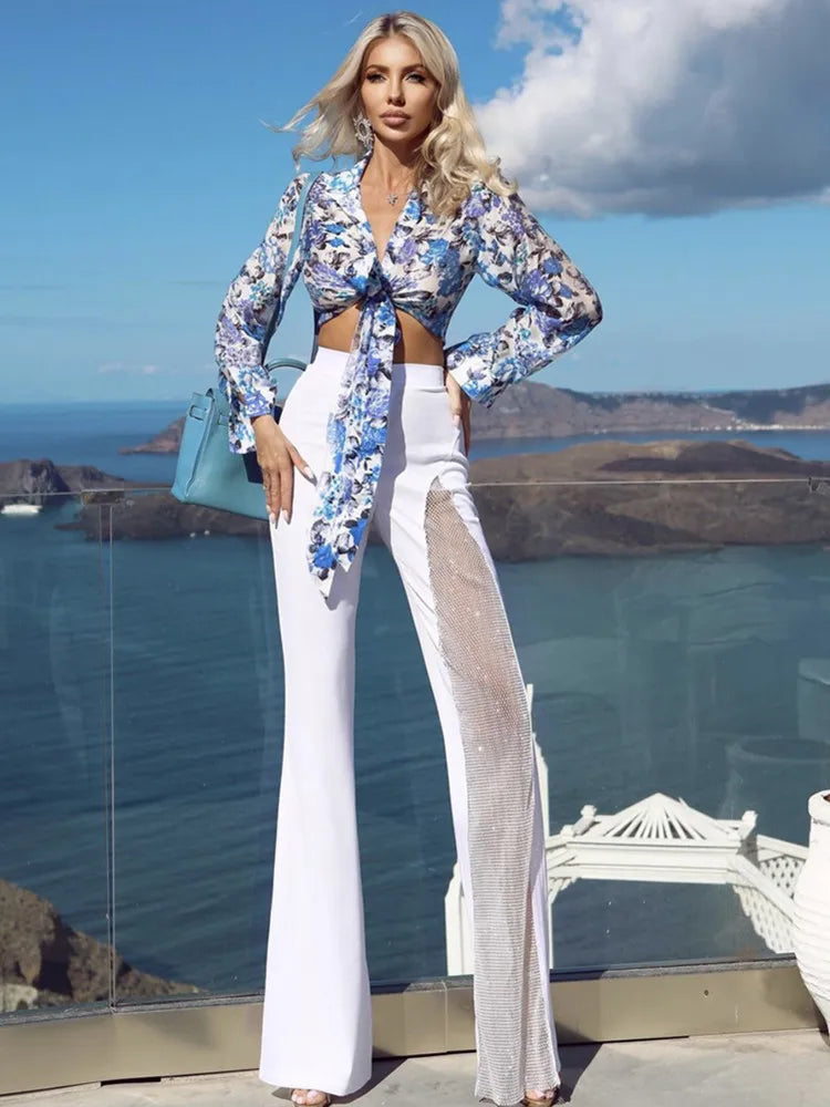 Black Red White Rayon Bandage Wide Leg Pants for Women - Sexy High Waist Summer Fashion Pants with Diamond Keyhole Design - Perfect for Beach, Party & Celebrity Style Outfits