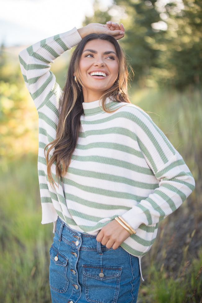 Keep On Shining Olive & Cream Striped Turtleneck Sweater for Women | Cozy Winter Pullover | Perfect for Office Wear & Casual Outings