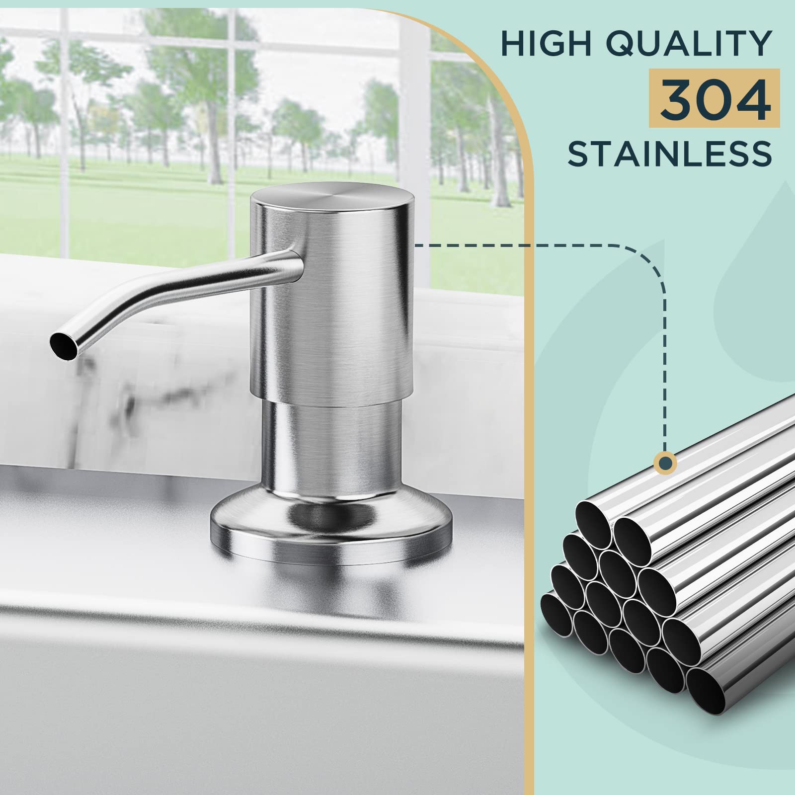 FORIOUS Brushed Nickel Soap Dispenser - 500ML/18OZ Top Refillable Liquid Soap Dispenser for Kitchen Sink Countertop, Bathroom, or Office | Elegant & Durable Lotion Dispenser with Easy One-Hand Operation