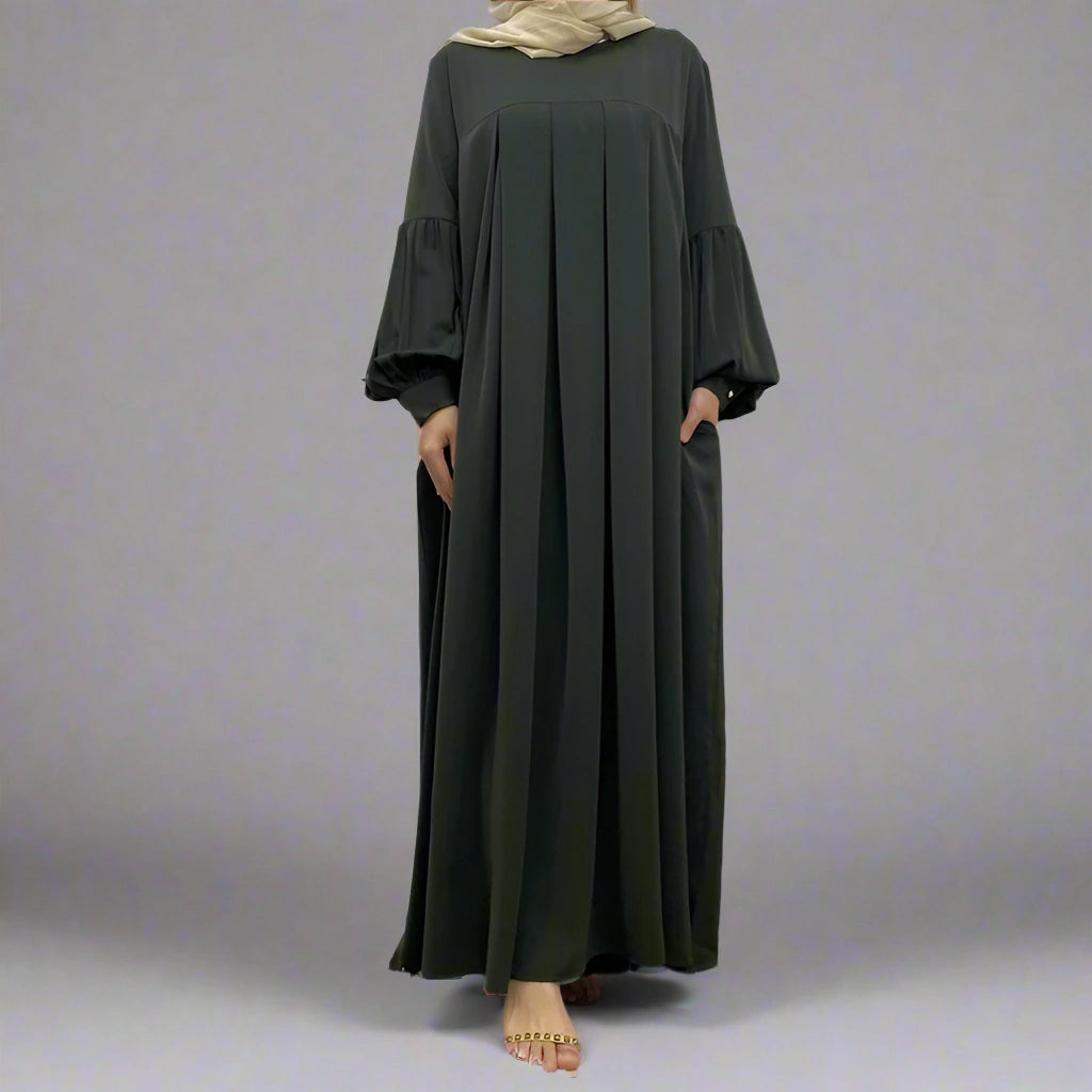 10 Color Options Puff Sleeve Abaya Dress With Pocket - Modest Muslim Dress for Women, Elegant Long Sleeve Maxi Dress for Prayer, Eid, Wedding & Special Occasions