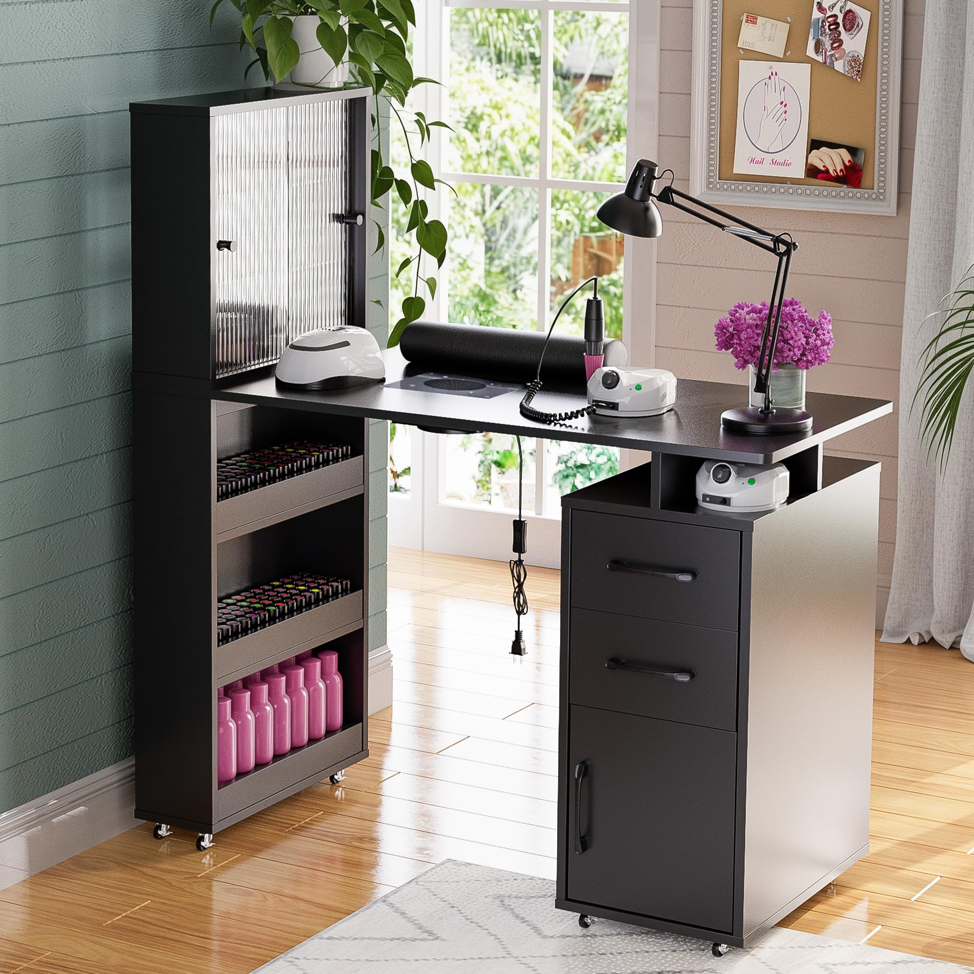 Professional Manicure Table Nail Desk with Glass Door Storage Cabinets & Wrist Rest - Acetone Resistant Beauty Salon Workstation with Built-in Dust Collector (Black) - Perfect for Nail Salons, Home Spa, and Professional Nail Technicians