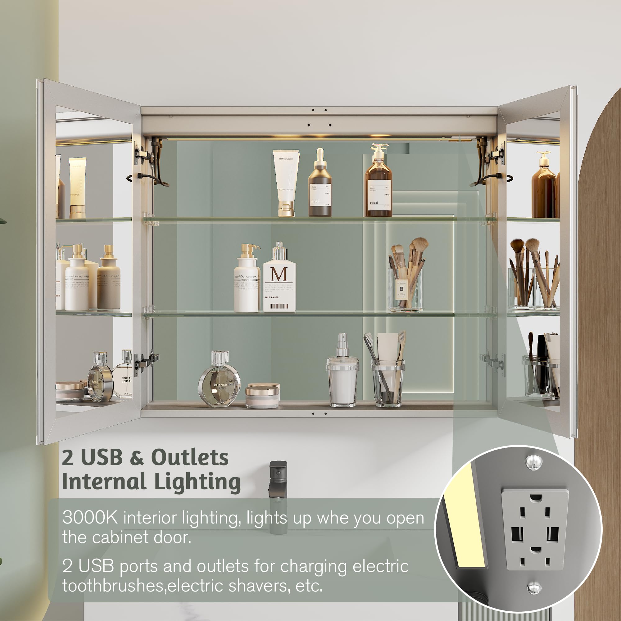 36 x 30 Inch LED Bathroom Medicine Cabinet with Anti-Fog Mirror - 3 Color Lighting, Adjustable Brightness, Time & Temperature Display - Surface Mount Touch Switch for Modern Bathrooms & Vanities